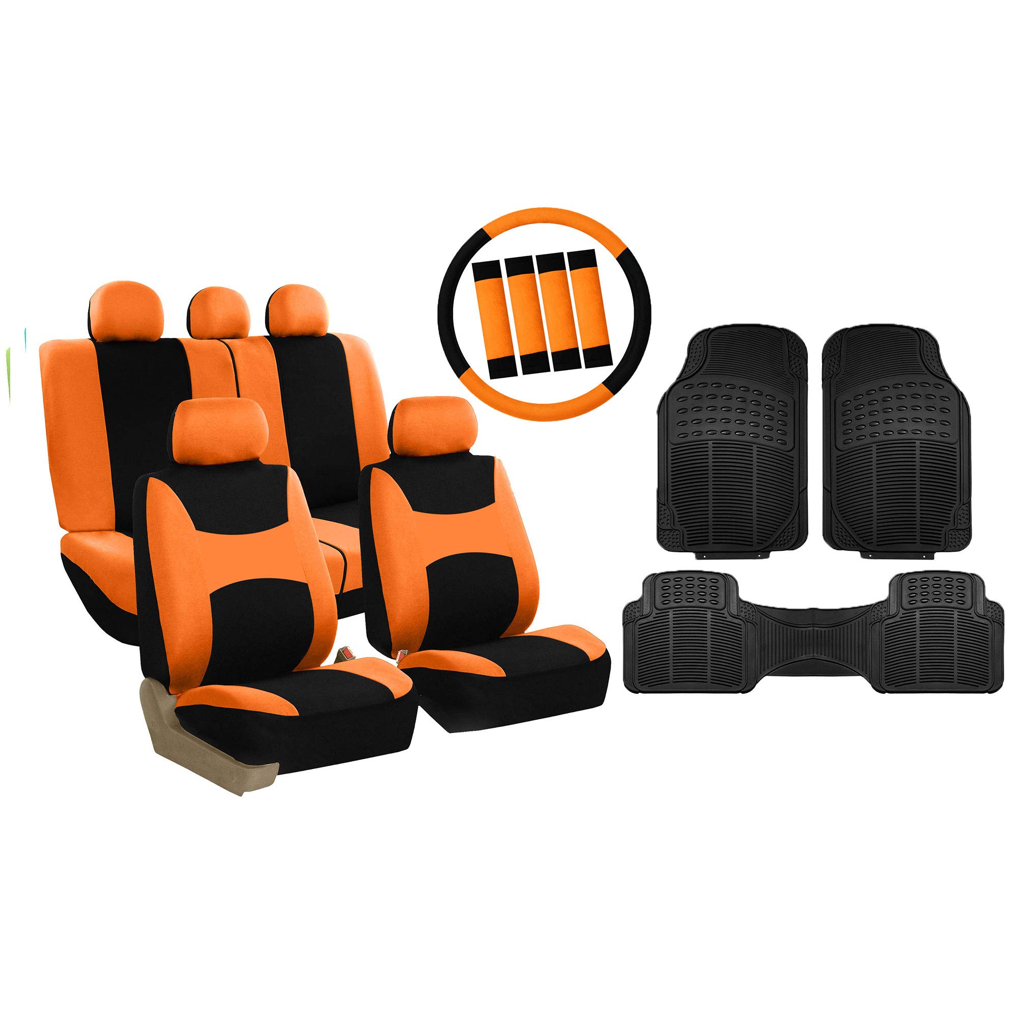 FH Group Light & Breezy Cloth Full Car Seat Covers Set - Orange/Black Combo with Steering Wheel Cover, Seat Belt Pads & Vinyl Floor Mats - Universal Fit for Cars, Trucks & SUVs - Perfect for Road Trips & Daily Commute