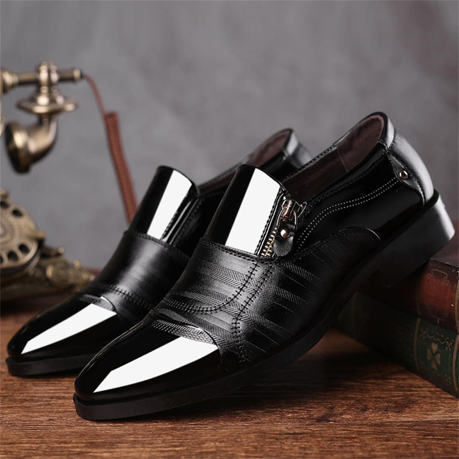 Premium IQYU Men's Patent Leather Dress Shoes - Breathable Business & Work Shoes for Swollen Feet - Comfortable Formal Shoes for Office, Wedding & Special Occasions