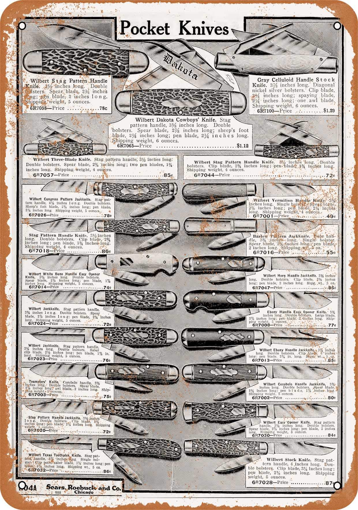 Vintage 1919 Sears Pocket Knives Metal Sign - 9x12 Inch Retro Wall Decor for Man Cave, Garage, Bar & Office - Rustic Tin Plaque Collectible