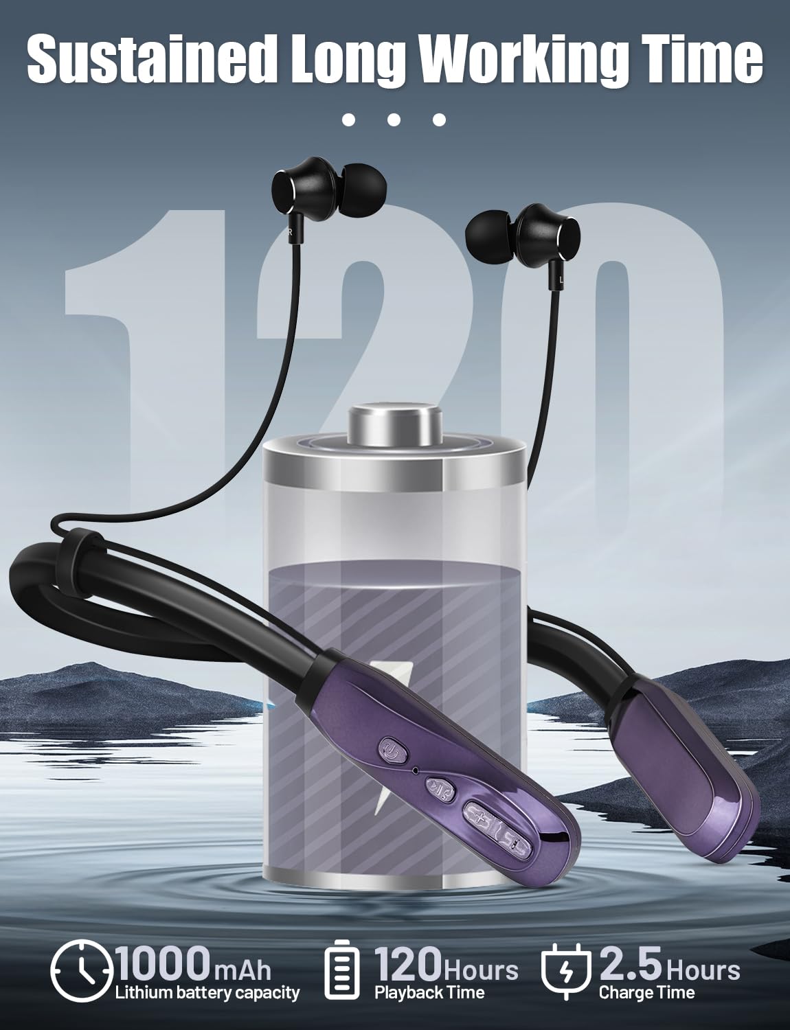 Wireless Bluetooth Neckband Headphones - 120H Playtime, Stereo Sound, Built-in Mic, IPX5 Waterproof, Comfortable In-Ear Design for Running, Gym, Workout, Office & Travel (Purple) - Perfect for Sports Enthusiasts & Busy Professionals