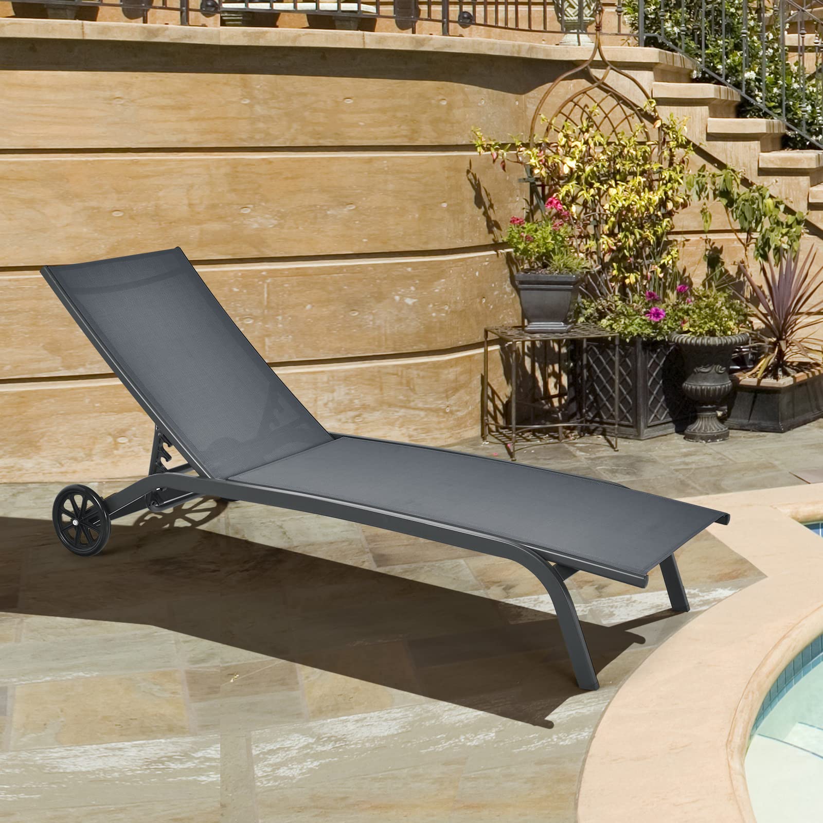 **Tangkula 6-Position Adjustable Outdoor Chaise Lounge Chair - Breathable Fabric, Smooth Wheels - Patio, Poolside, Garden Relaxation (Grey)**