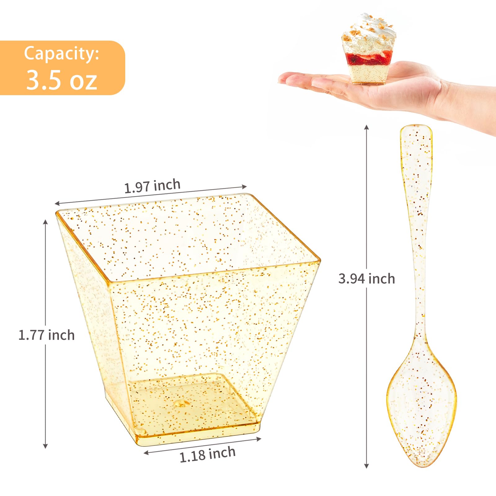 3.5 oz Mini Gold Glitter Plastic Dessert Cups with Spoons - 50 Pack Small Parfait Shooter Cups for Party Appetizers, Banana Pudding, Jello, Ice Cream & Cocktail Serving - Elegant Wedding & Birthday Party Decorations