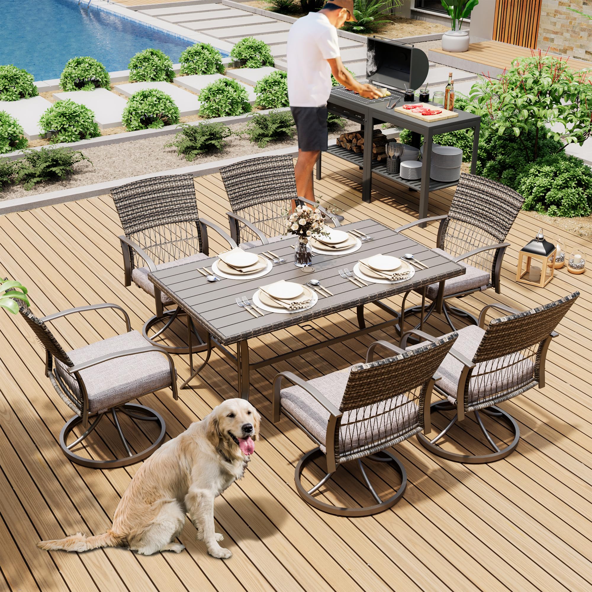 **Pamapic 7-Piece Outdoor Dining Set for 6 - Wicker Patio Furniture with Iron Table & Swivel Rocking Chairs - Includes 6 Removable Cushions (Gray) - Perfect for Backyard, Garden, Deck & Poolside Dining**
