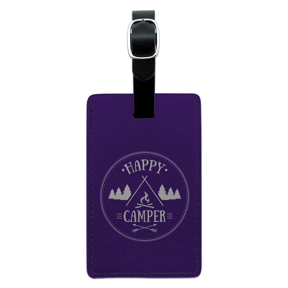 Happy Camper Rectangle Leather Luggage Tag - Personalized Carry-On ID Tag for Travel Bags - Perfect for Suitcases, Backpacks & Camping Gear (Campfire Design)