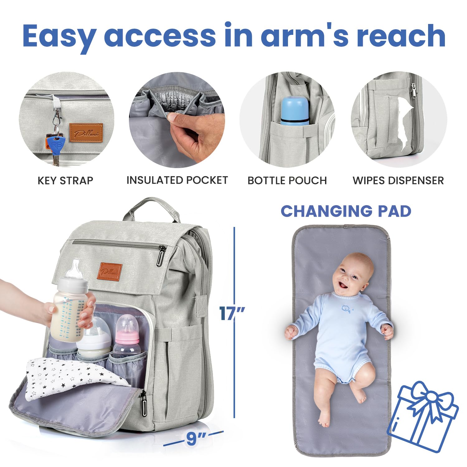 **PILLANI Baby Diaper Backpack - Large Travel Diaper Bag for Boys & Girls with Changing Pad - Perfect Baby Shower Gift & Registry Essential - Ideal for Newborns, Daycare & Family Outings**