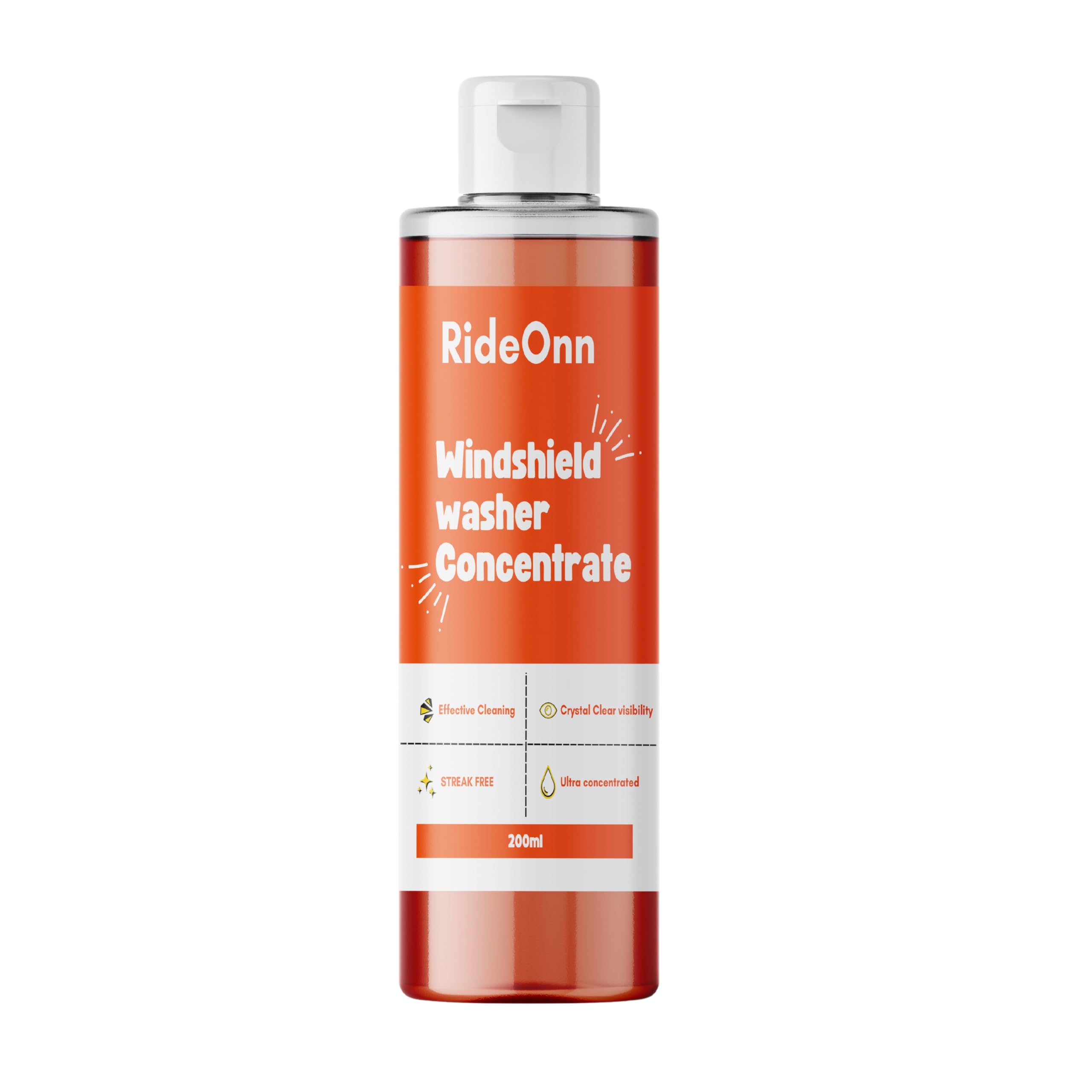 RideOnn Premium Windshield Washer Fluid Concentrate - 200ml Car Glass Cleaner & Wiper Fluid for All Vehicles - Safe for All Seasons, Rain & Snow - Pack of 1 (Ideal for Road Trips & Winter Driving)
