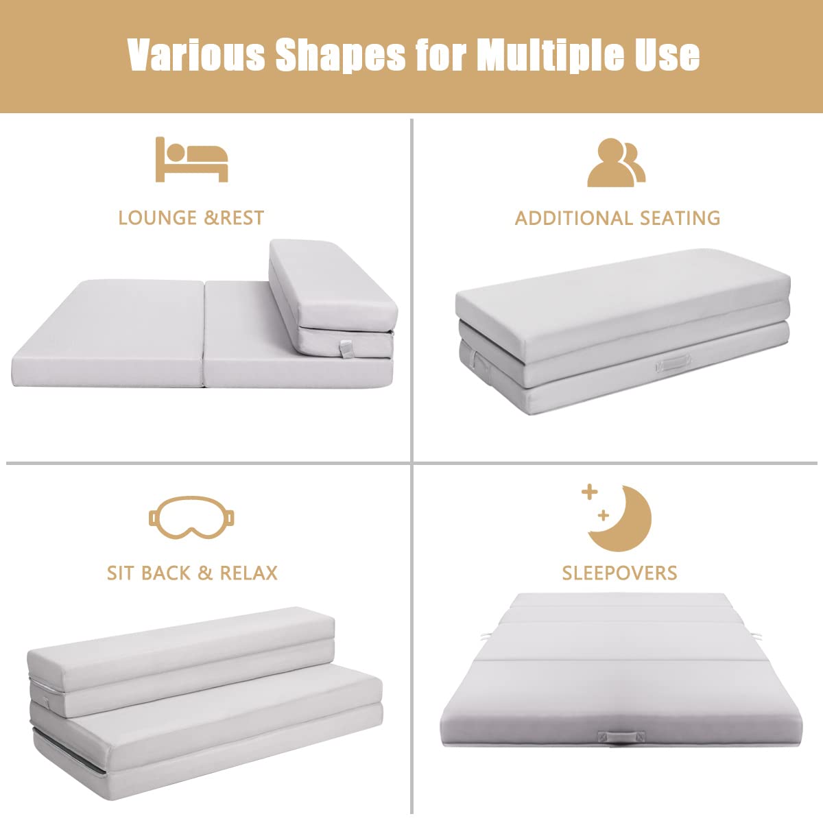 KOMFOTT 4-Inch Tri-Folding Queen Size Foam Mattress with Removable Washable Cover - Portable Guest Bed, Sofa Bed Sleeper for Home, Office & Travel Comfort