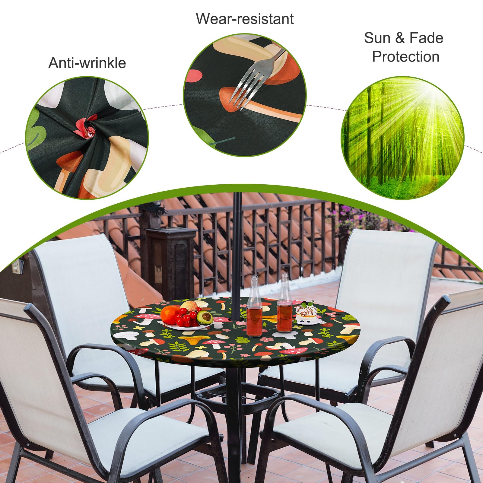 Waterproof Elastic Fitted Round Tablecloth with Umbrella Hole - Outdoor & Indoor Table Cover for Camping, Picnics, Patio, and Garden Parties