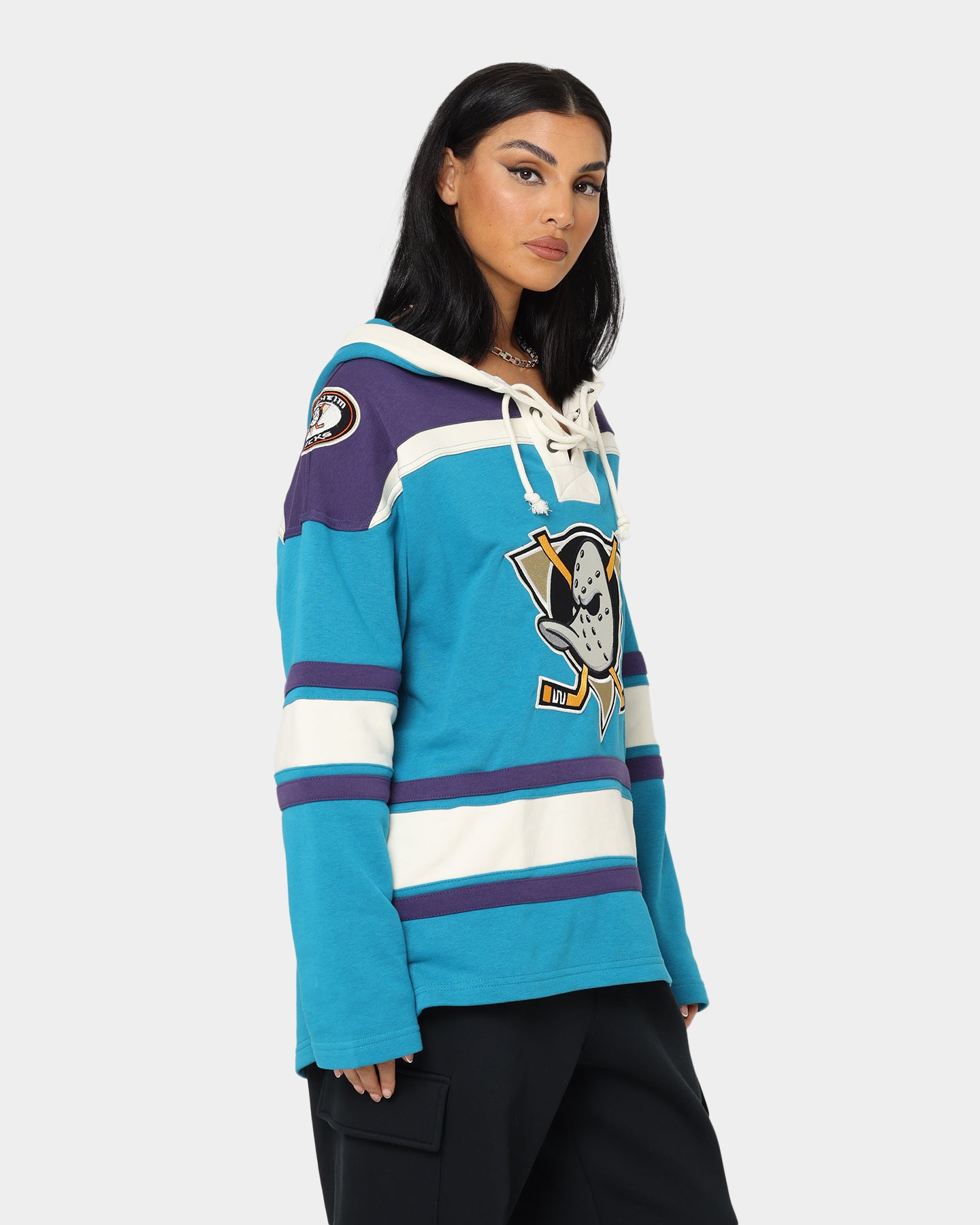 47 Brand Anaheim Ducks Lacer Hoodie - Purple & Sharks Teal Color - Men's NHL Hockey Pullover Sweatshirt for Game Day & Casual Wear