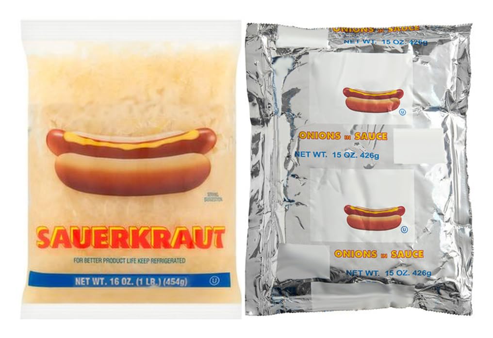 Pushcart Style Onions in Sauce (15 oz) & Sauerkraut Topping (16 oz) Combo - Authentic Hot Dog & Sausage Toppings for BBQ, Ballpark Snacks & Street Food