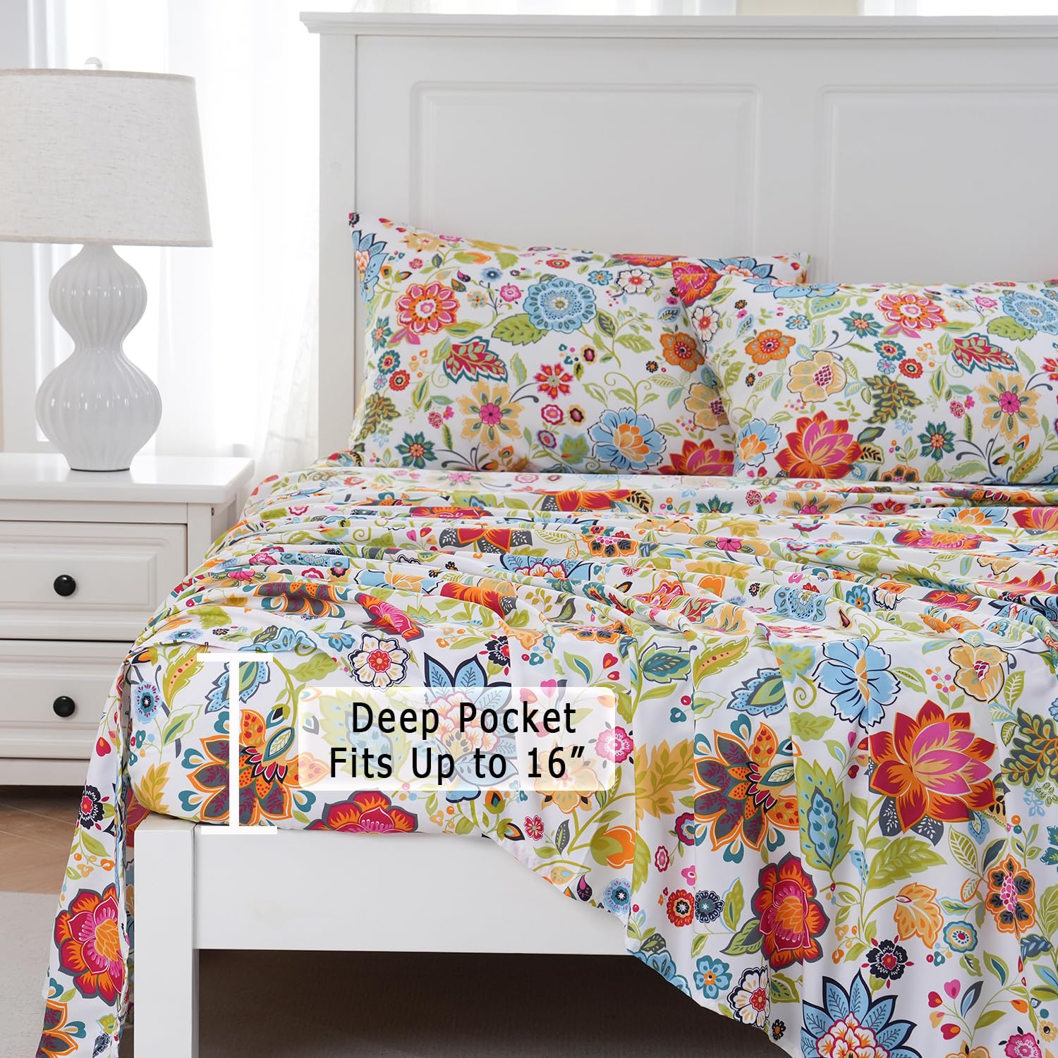 MEISHANG Queen Sheet Set - Floral Printed Ultra Soft Brushed Microfiber Bedding - Deep Pocket Fits Mattresses Up to 16