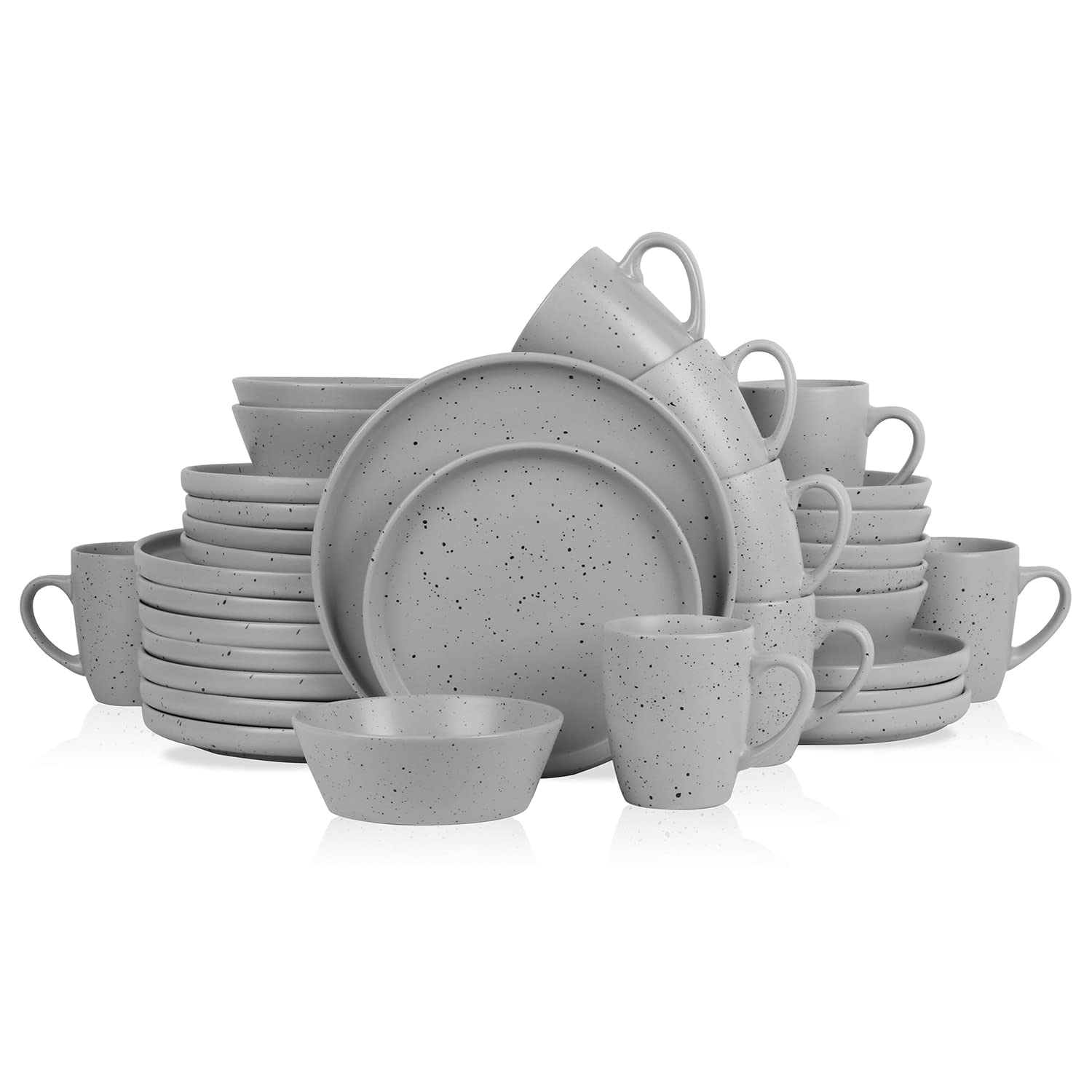 Premium 32-Piece Stoneware Dinnerware Set for 8 - Durable Jade Stoneware Plates, Bowls & Mugs in Elegant Light Gray - Perfect for Family Dinners, Entertaining Guests & Everyday Use
