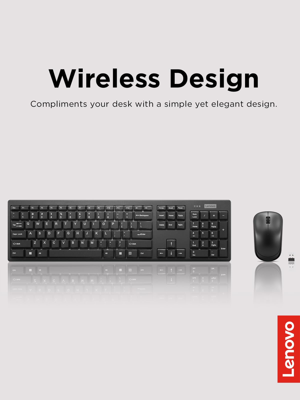 Lenovo 100 Wireless Keyboard and Mouse Combo - Spill-Resistant Quiet Keys, 3-Zone Keyboard, Ambidextrous Mouse - Compact Wireless USB Set for Office, Home & Gaming (Black)