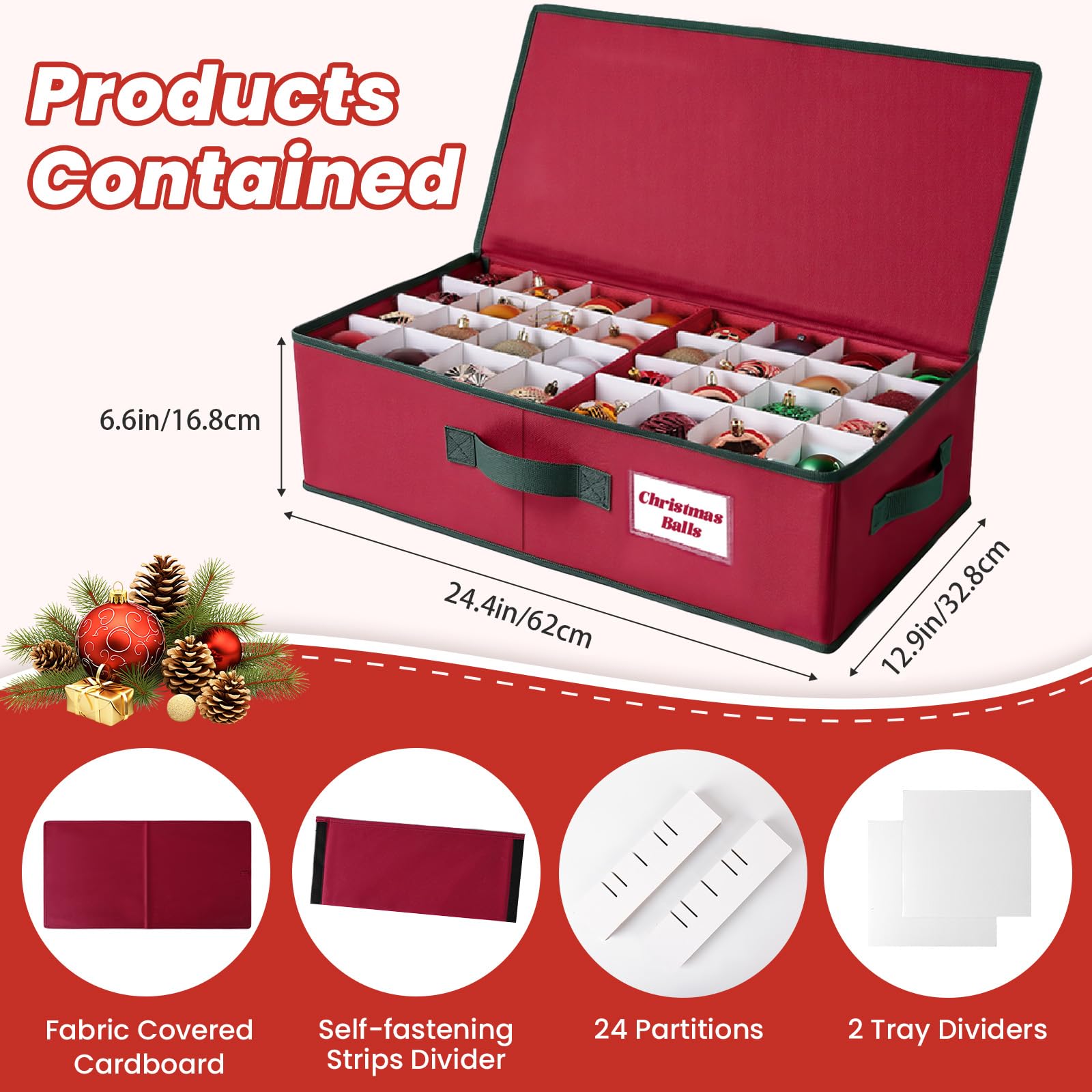 Christmas Ornament Storage Box for 4'' (36 PCS) or 3'' (64 PCS) Balls - Adjustable Dividers, Stackable Cube Organizer with Dual Zipper & Handles - Perfect for Holiday Decor Storage & Organization