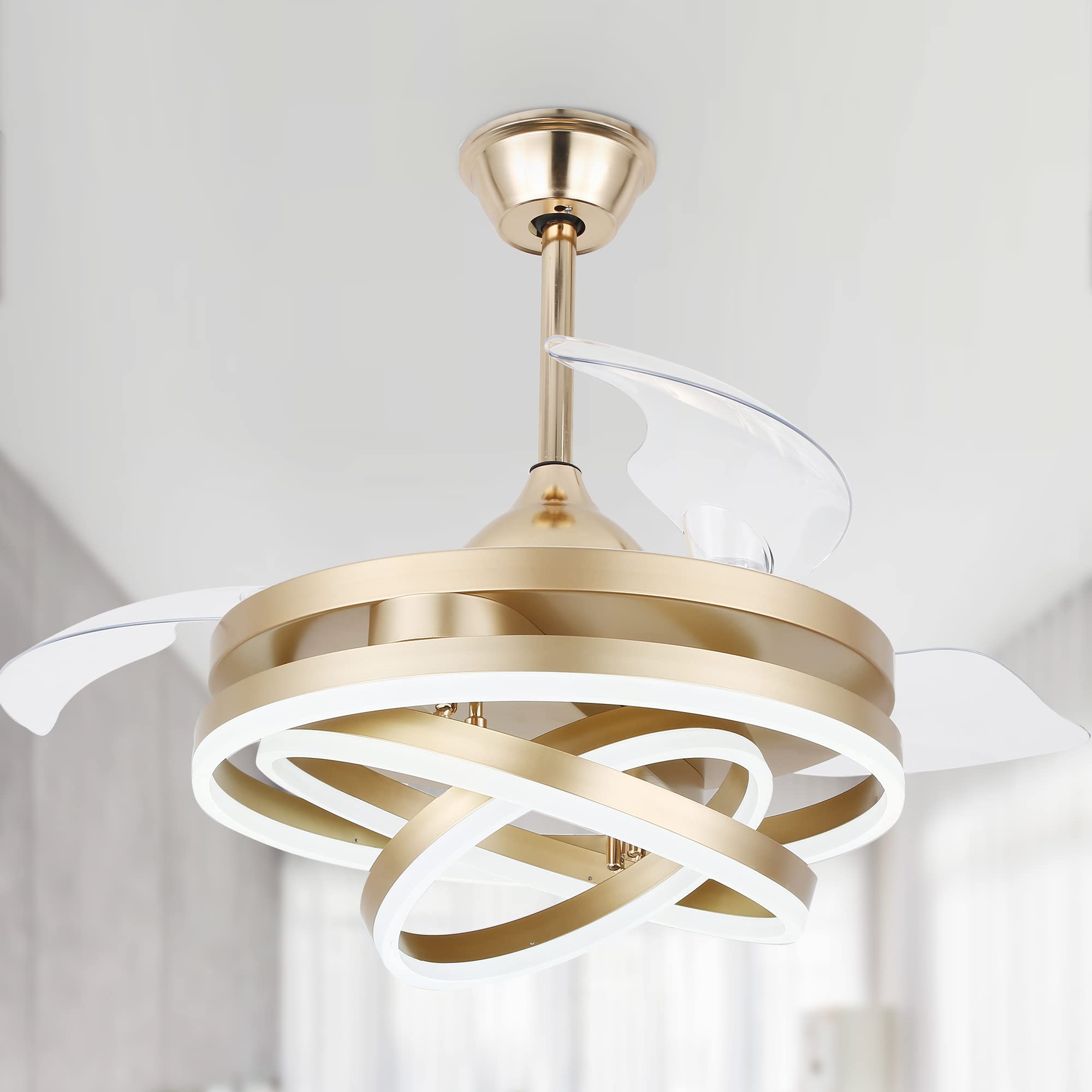 42 Inch Retractable Gold Ceiling Fan with Light & Remote - Silent DC Motor, 6 Speed Settings, Dimmable LED - Modern Chandelier Style for Bedroom, Living Room & Office - Energy Efficient Cooling & Decorative Lighting Solution