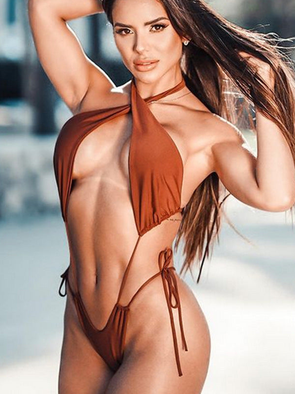 ZASUWA Women's Solid Color Drawstring Lace-Up Hollow Out One Piece Swimsuit - Sexy Beachwear for Summer Vacation & Pool Party