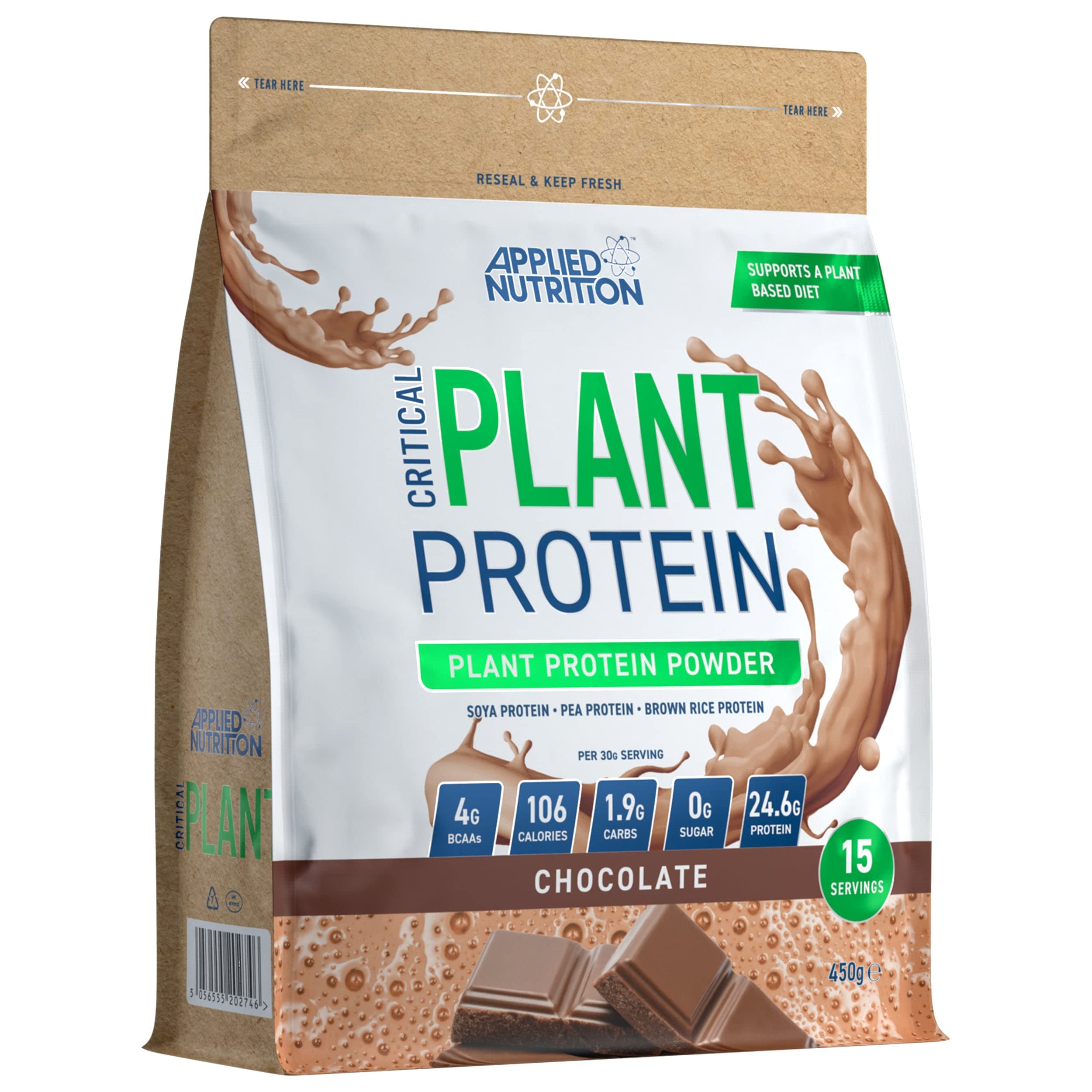 Applied Nutrition Critical Plant Protein Chocolate 450g - Vegan Protein Powder for Muscle Recovery & Weight Loss | Perfect for Post-Workout Shakes, Smoothies & Healthy Baking