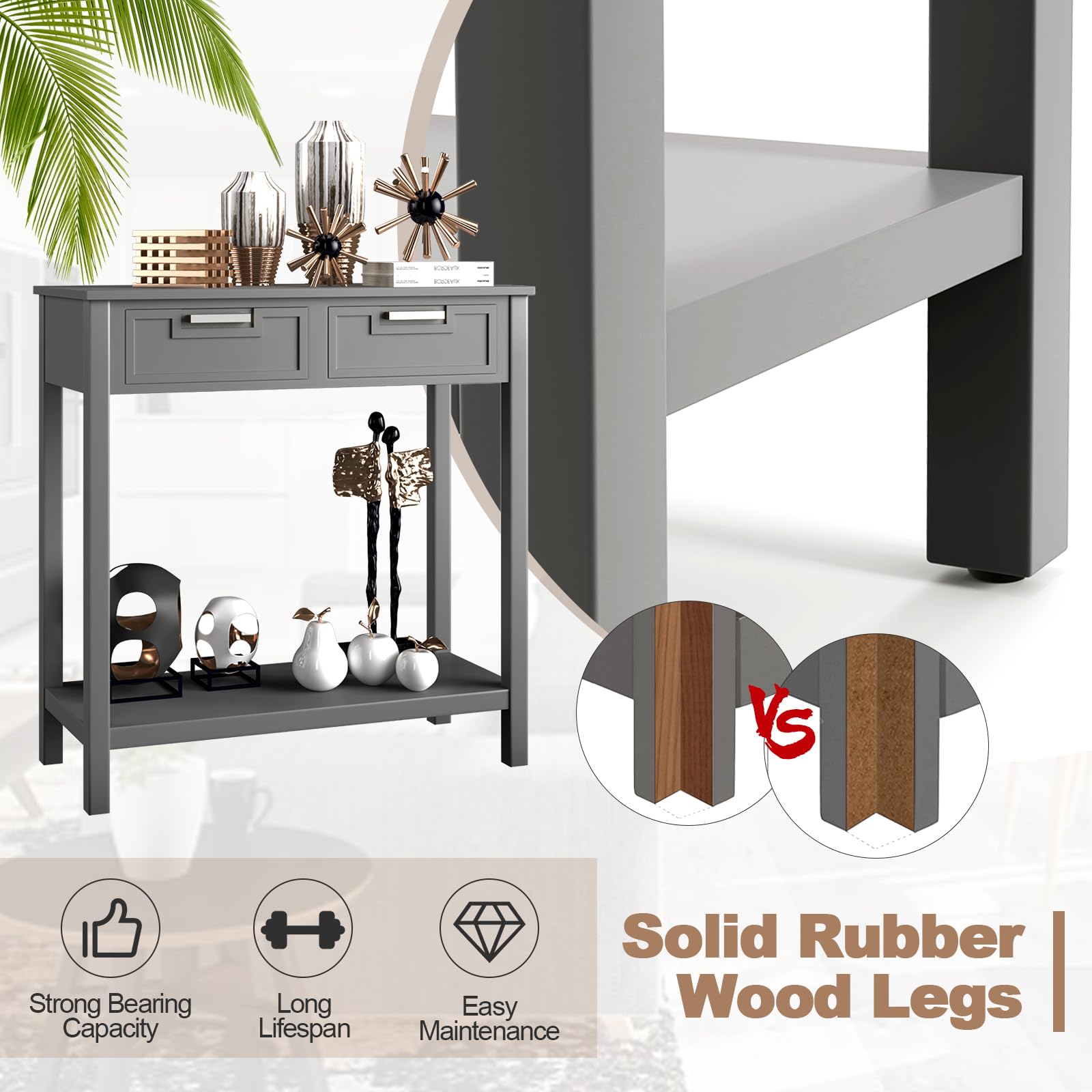 Giantex Modern Console Table with 2 Drawers & Open Storage Shelf - Narrow Sofa Table with Wood Legs for Entryway, Living Room, Office, Hallway - Perfect Foyer Table for Small Spaces (Gray) | Ideal for Home Decor, Apartment Entry, Behind Couch & Wall Organization