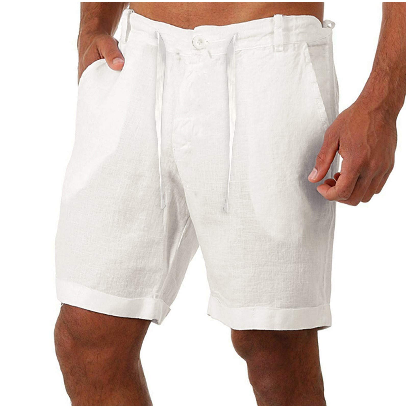 **Men's Linen Shorts with Cotton Lacing, Pockets & Buttons - Breathable Casual Summer Pants for Outdoor Activities, Beach, and Travel**