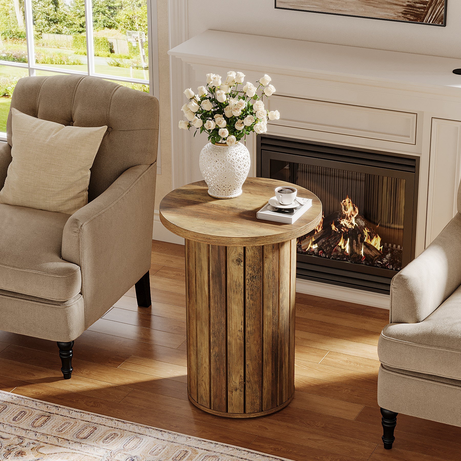 Round Wooden End Table with Pedestal Base - Small Side Table for Couch, Living Room, Bedroom - Perfect for Coffee, Books & Decor