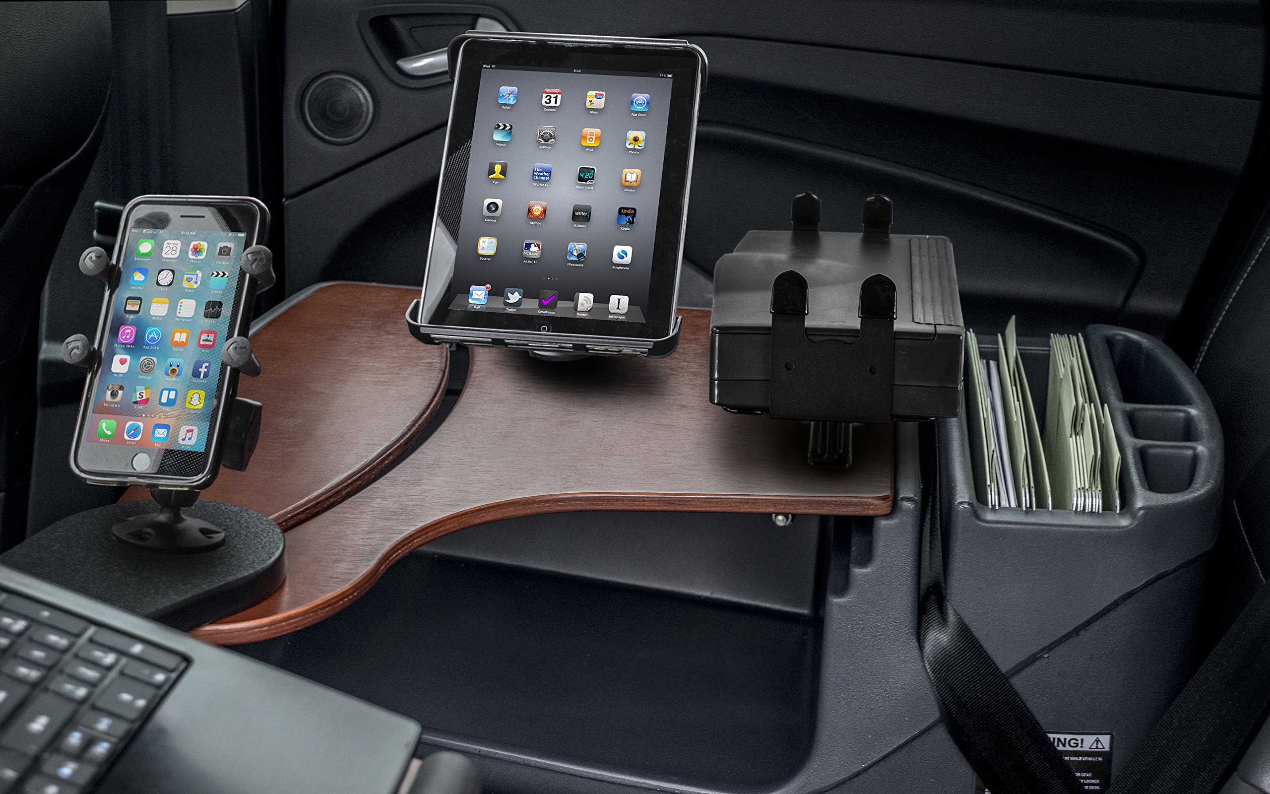 AutoExec AUE18133 Reach Desk Back Seat Organizer - Mahogany Finish with Adjustable Phone & Tablet Mount, Printer Stand - Perfect for Car, Office & Home Workspace Organization