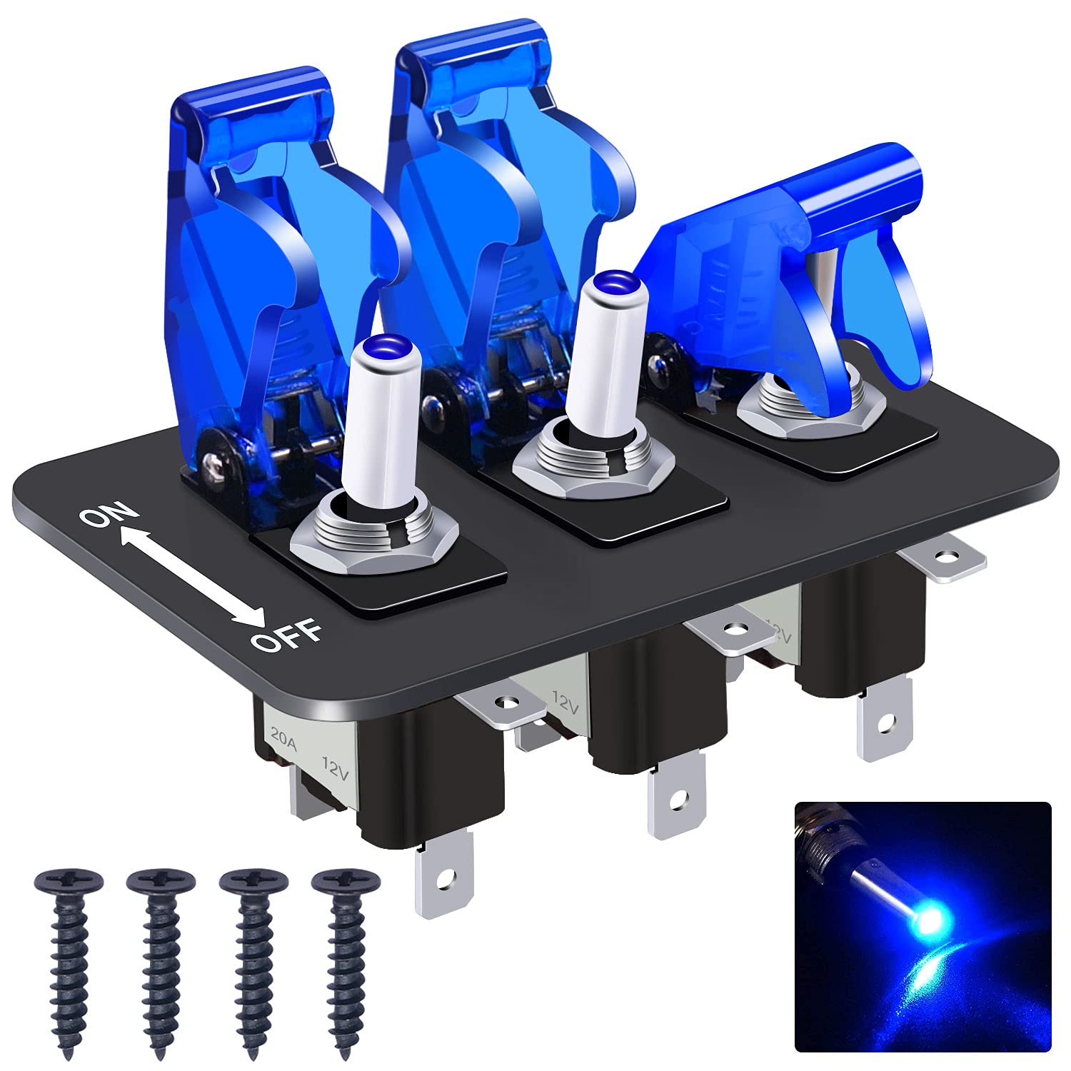Heavy Duty 12V 20A SPST ON/Off Toggle Switch with Blue LED Light - 3Pcs Rocker Toggle Switch Kit for Racing Cars, Automotive, Marine & Off-Road Vehicles - Includes Waterproof Safety Cover & 3 Gang Rocker Switch