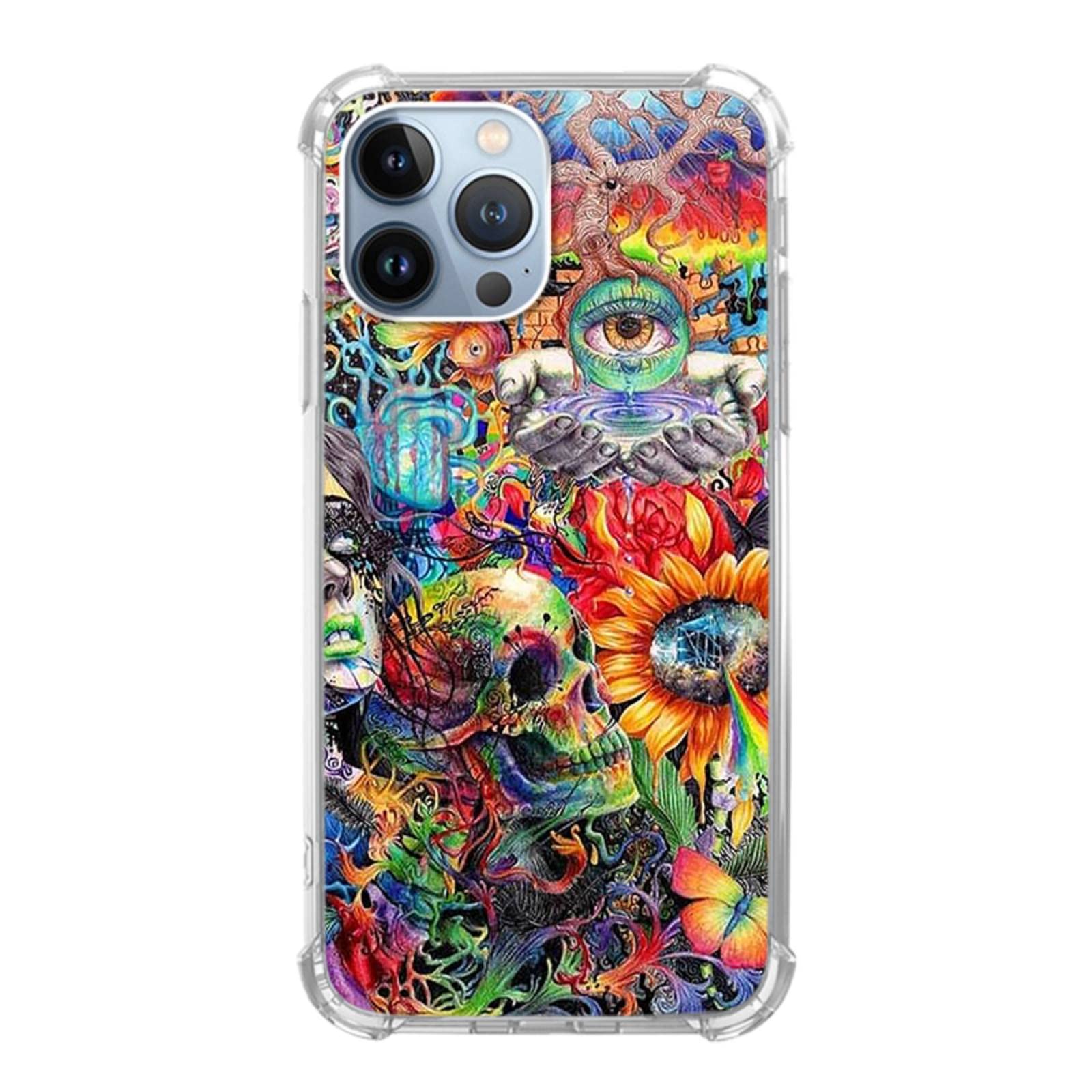 Vintage Abstract Skull Collage iPhone 13 Pro Max Case - Hippie Psychedelic Skull Eye Design, Shockproof TPU Bumper & Anti-Scratch Protective Cover - Perfect for Music Festivals, Rave Parties & Boho Style Lovers