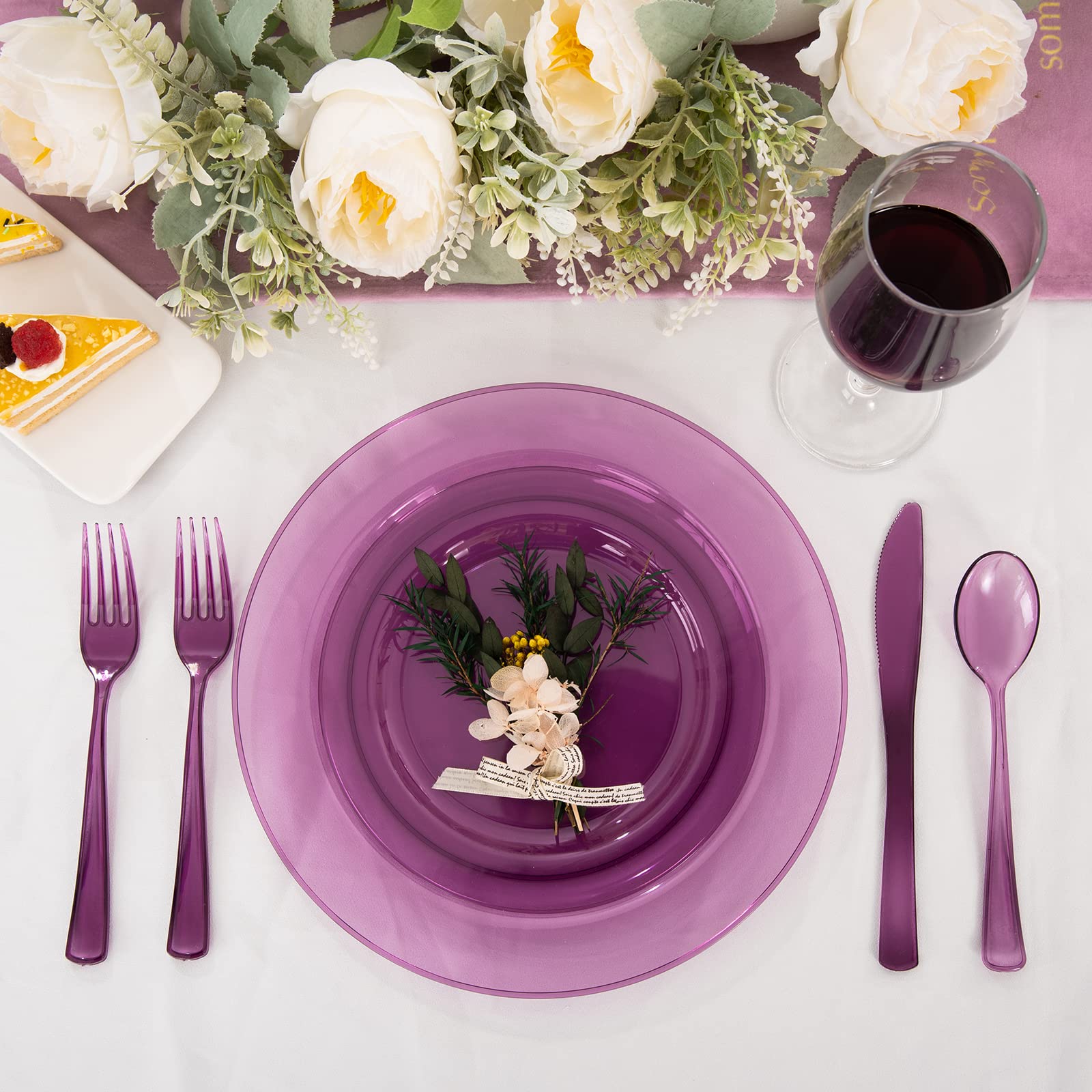 25-Piece Pink & Purple Disposable Plastic Dinnerware Set - Plates, Cups & Silverware for Parties, BBQs, Birthdays & Events - Neon Clear Plastic Tableware for 25 Guests