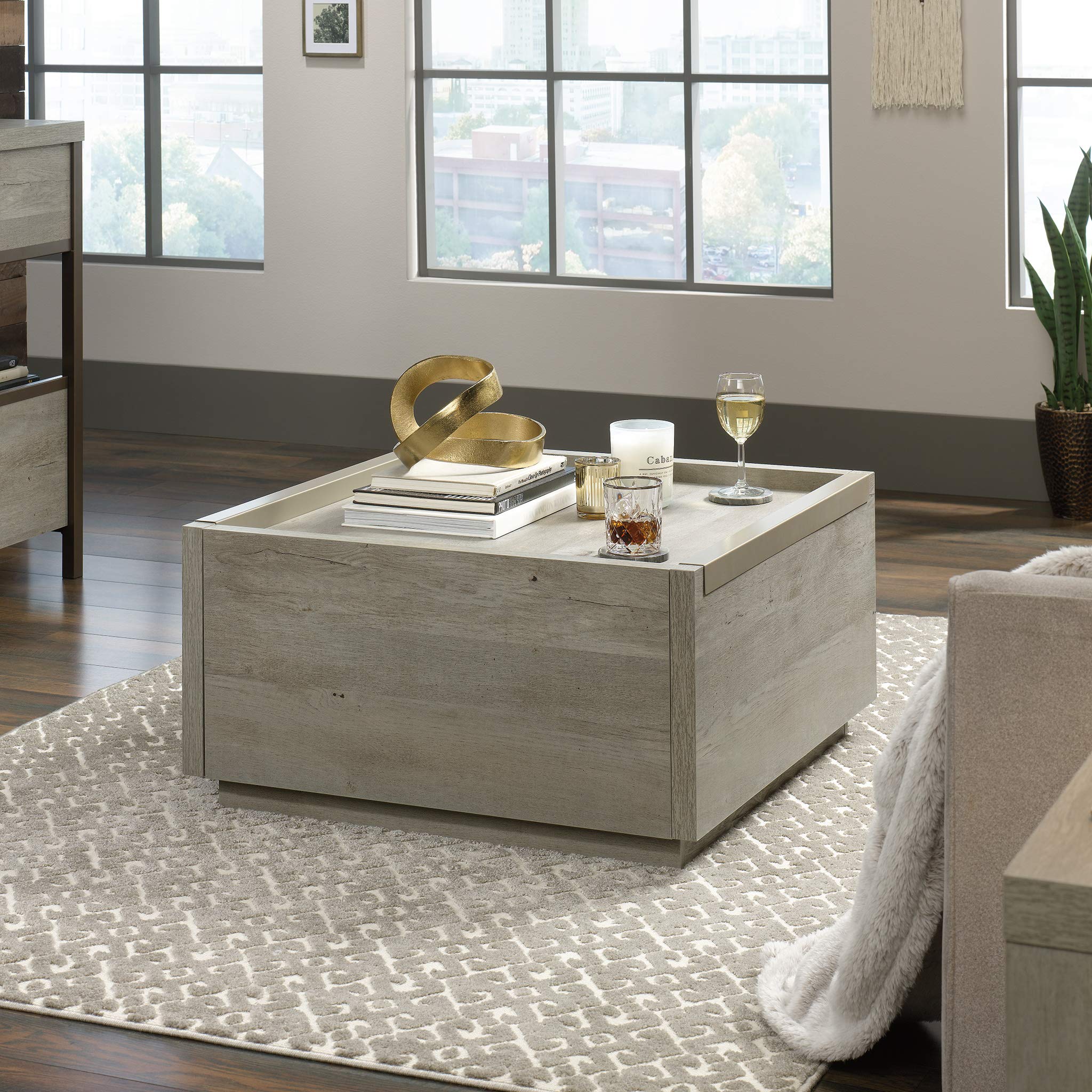 Modern Farmhouse Coffee Table - Sauder Manhattan Gate, Mystic Oak, 2 Drawers for Living Room