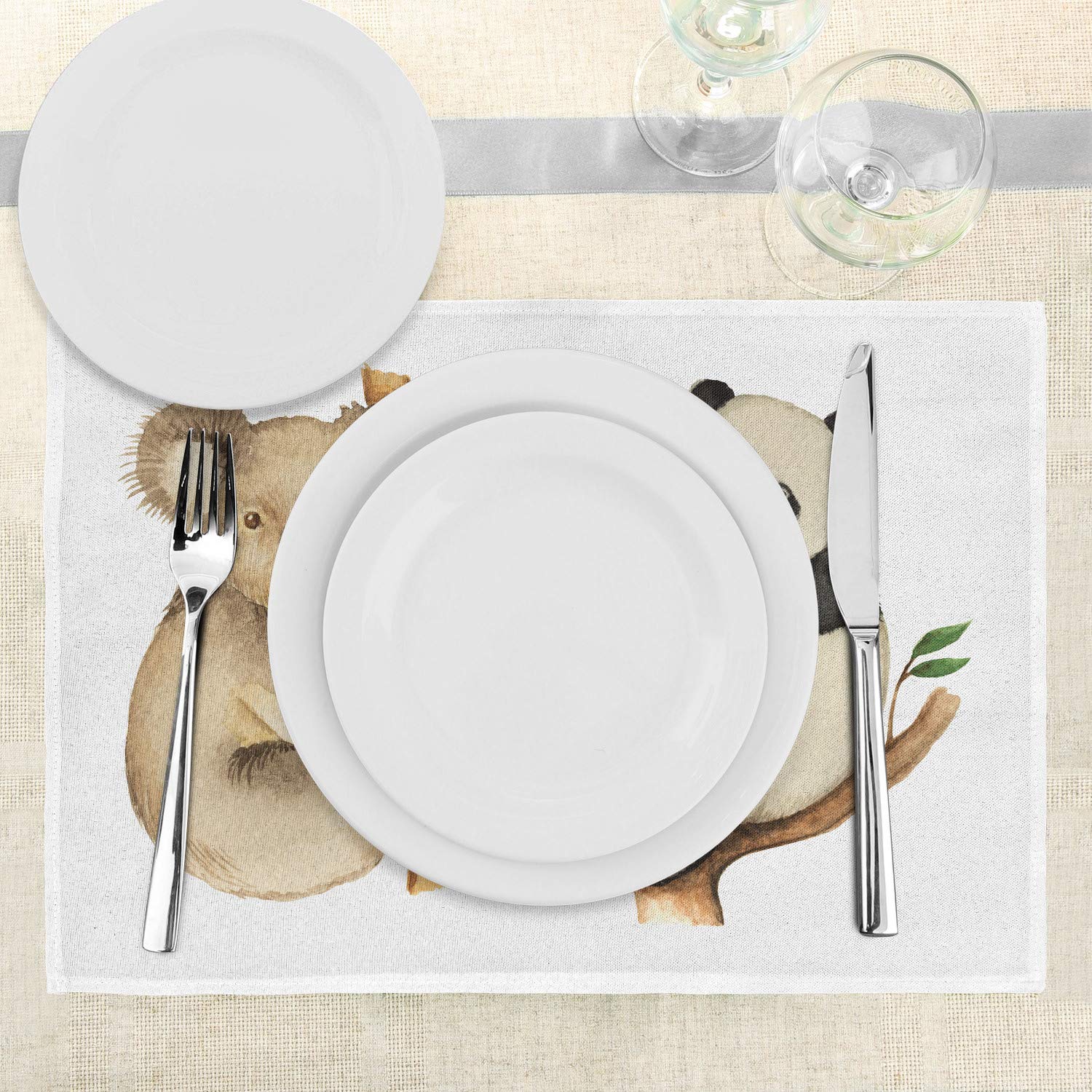 Ambesonne 4-Piece Panda Place Mats Set - Koala & Panda Sitting on Trees Wildlife Habitat Design, Washable Fabric Table Mats for Dining Room & Kitchen Decor (Beige/Black) - Perfect for Family Dinners, Parties & Nature-Themed Home Decor