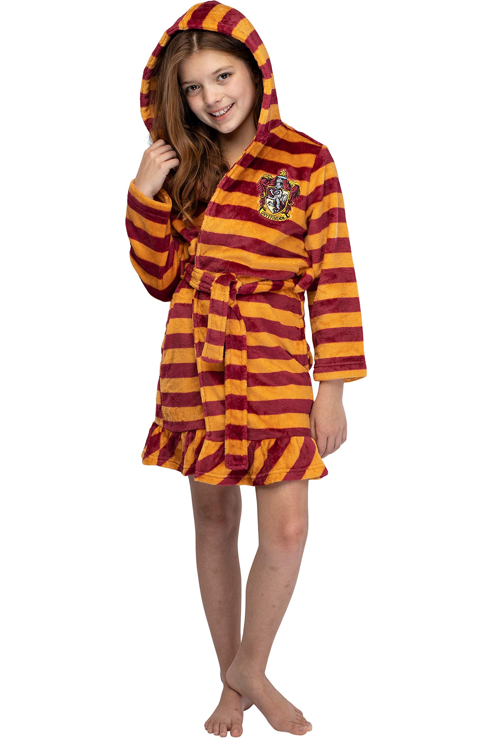 Harry Potter Girls' Striped Ruffle Plush Fleece Robe - Gryffindor, Hufflepuff, Slytherin, Ravenclaw House Styles | Cozy Winter Loungewear & Halloween Costume for Kids & Teens