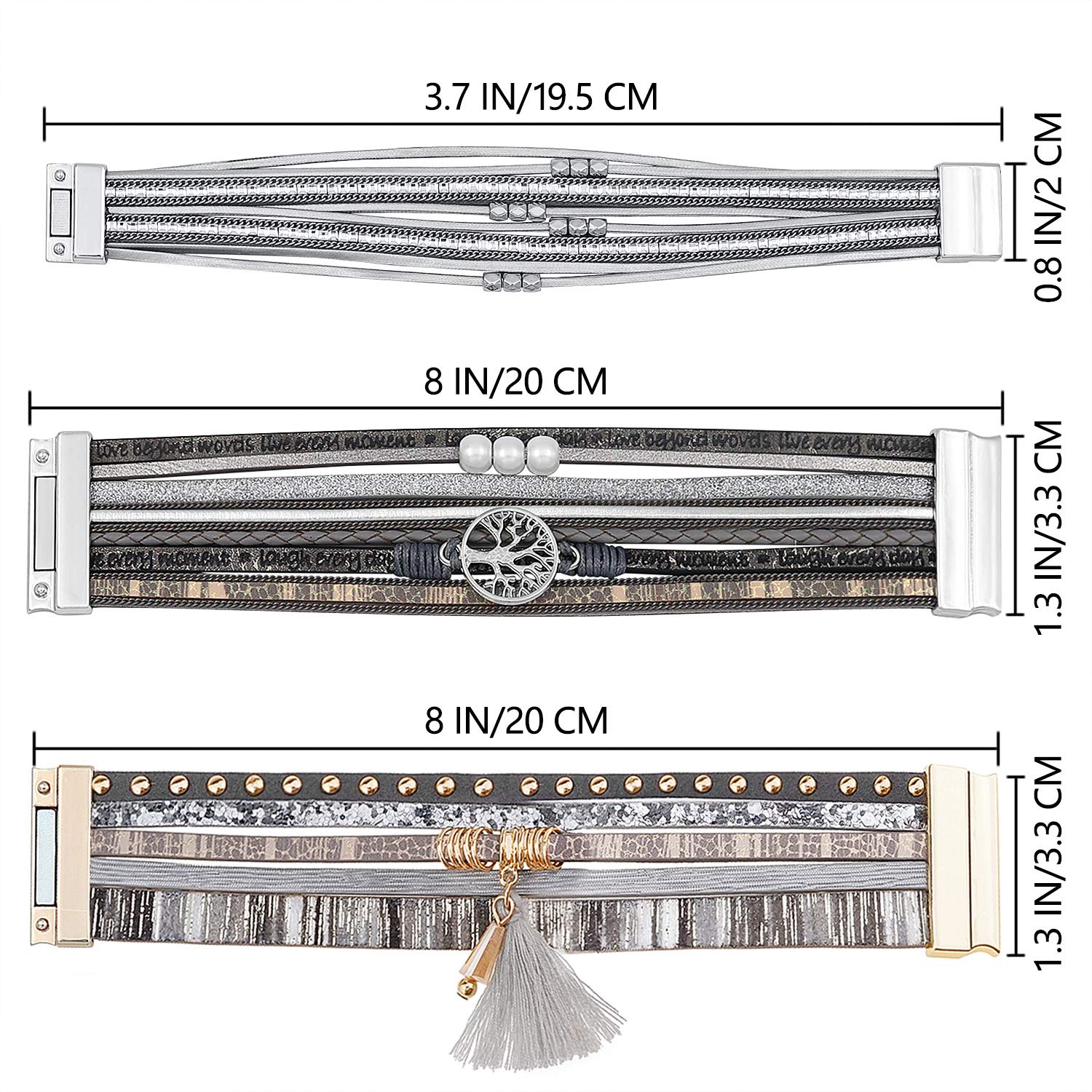 Wowanoo 3-Pack Leather Cuff Bracelet Set for Women - Multilayer Wrap Bracelet with Crystal Feather Tree Design & Magnetic Clasp | Boho Chic Jewelry for Casual Wear, Parties & Gift Giving