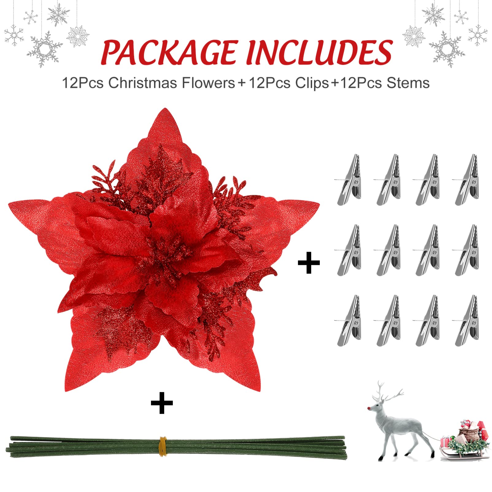 12 Pcs Christmas Glitter Poinsettia Flowers Decor - 7 Inch Artificial Xmas Tree Ornaments with Clips & Stems for Holiday Party, Wedding, New Year, Valentine's Day Decorations - Perfect for Home, Office, and Festive Event Decor