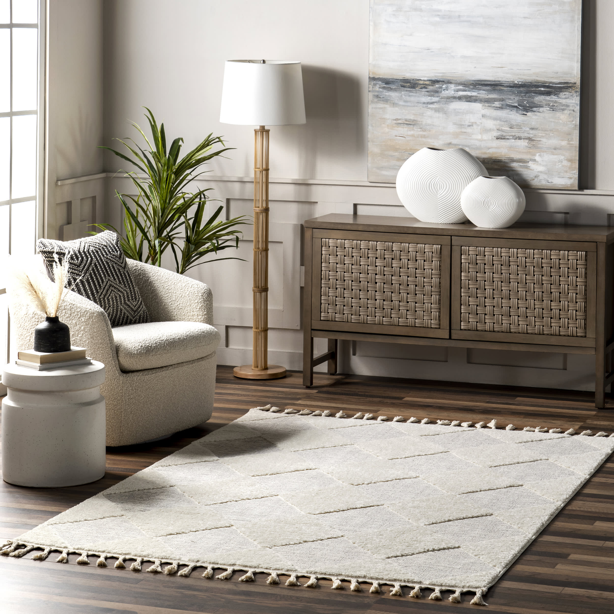 Luxury Aylin Diamond Tasseled Area Rug - Soft Plush Off White Bohemian Decor for Living Room, Bedroom & Nursery - Perfect for Boho Chic Home Decor