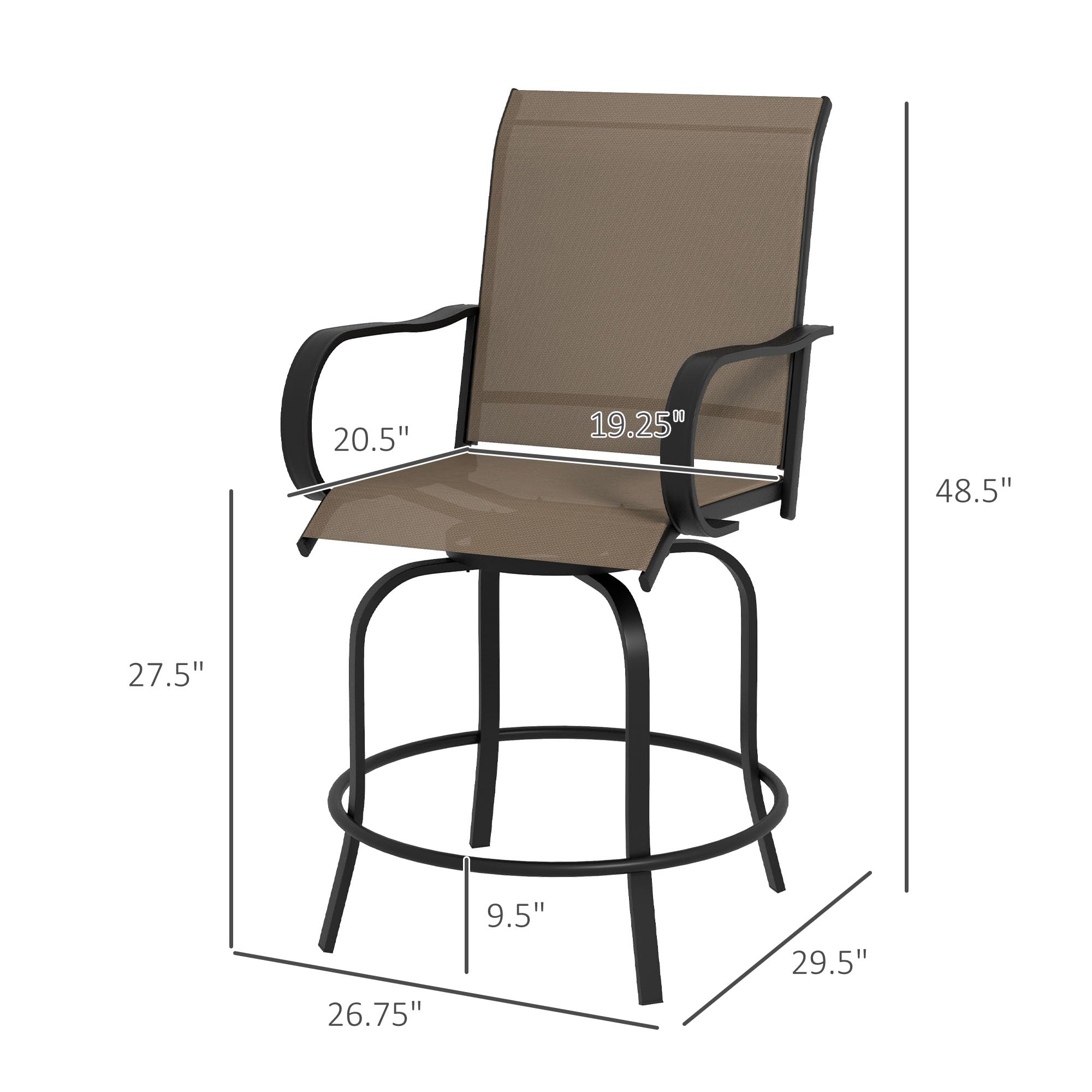 Outsunny 2-Pack Outdoor Bar Stools with Armrests - 360° Swivel Bar Height Patio Chairs, High-Density Mesh Fabric & Steel Frame - Perfect for Balcony, Poolside, Backyard, Tanning, and Outdoor Dining