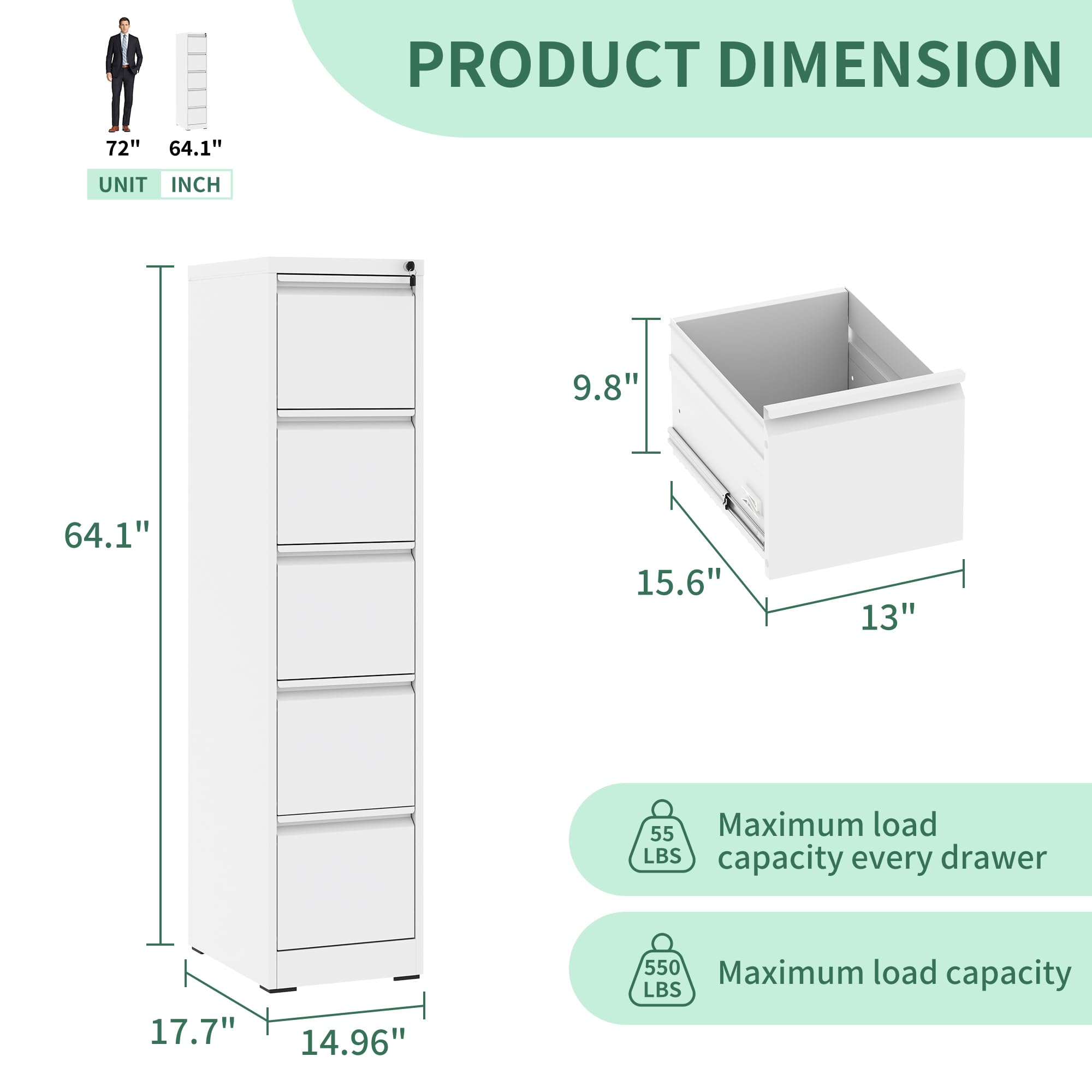 5-Drawer Vertical File Cabinet with Lock - Heavy Duty Steel Office Filing Cabinet for Hanging Letters, Legal & A4 Documents - Perfect for Home Office Organization (White, Assembly Required)