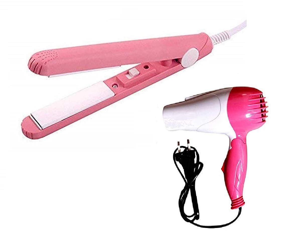 Professional Hair Dryer with Foldable Handle & Mini Straightener - Travel Friendly, Salon Quality, Includes Round Comb (Pink) - Perfect for Home, Salon & Travel Styling