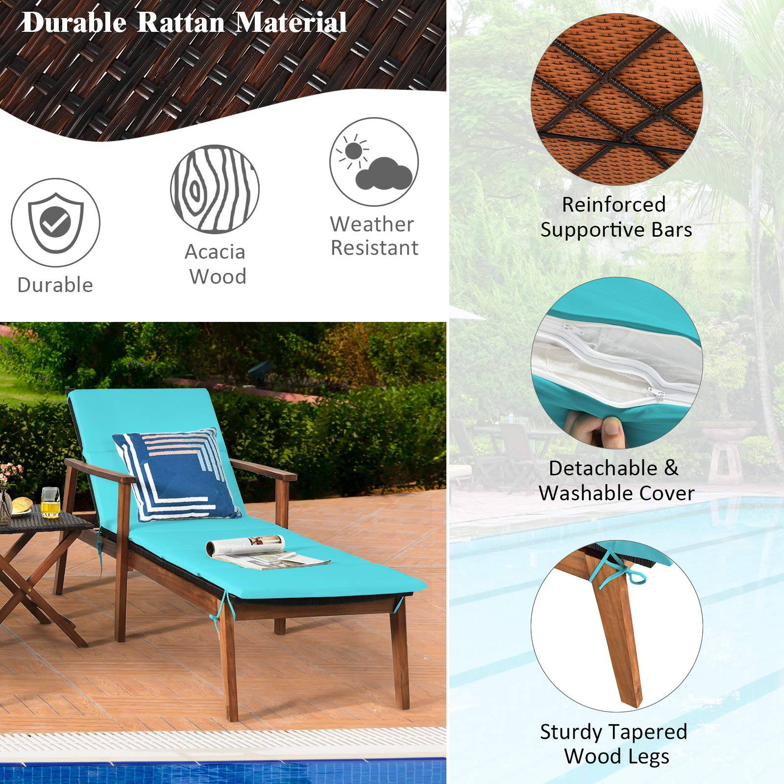 Tangkula 3-Piece Patio Chaise Lounge Set - Acacia Wood Outdoor Reclining Chairs with Adjustable Back (4 Positions), Folding Side Table & Cushions - Rattan Furniture for Poolside, Backyard, Garden, or Beach (Turquoise)