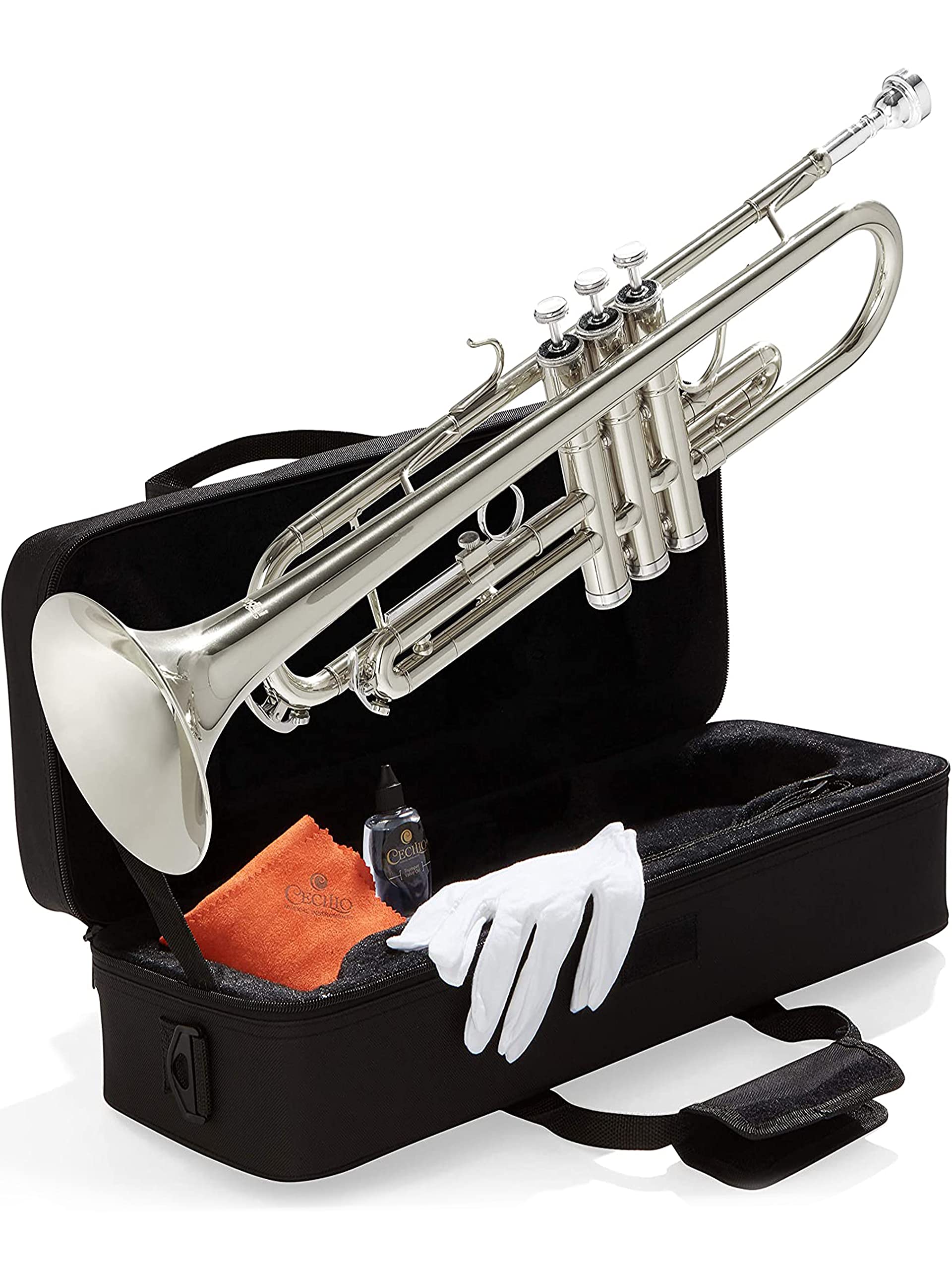 Mendini by Cecilio Bb Trumpet - Professional & Beginner Brass Instrument with Case, Cleaning Cloth, Valve Oil & Gloves - Perfect for Students, Kids & Adults | School Band, Jazz Ensemble & Home Practice