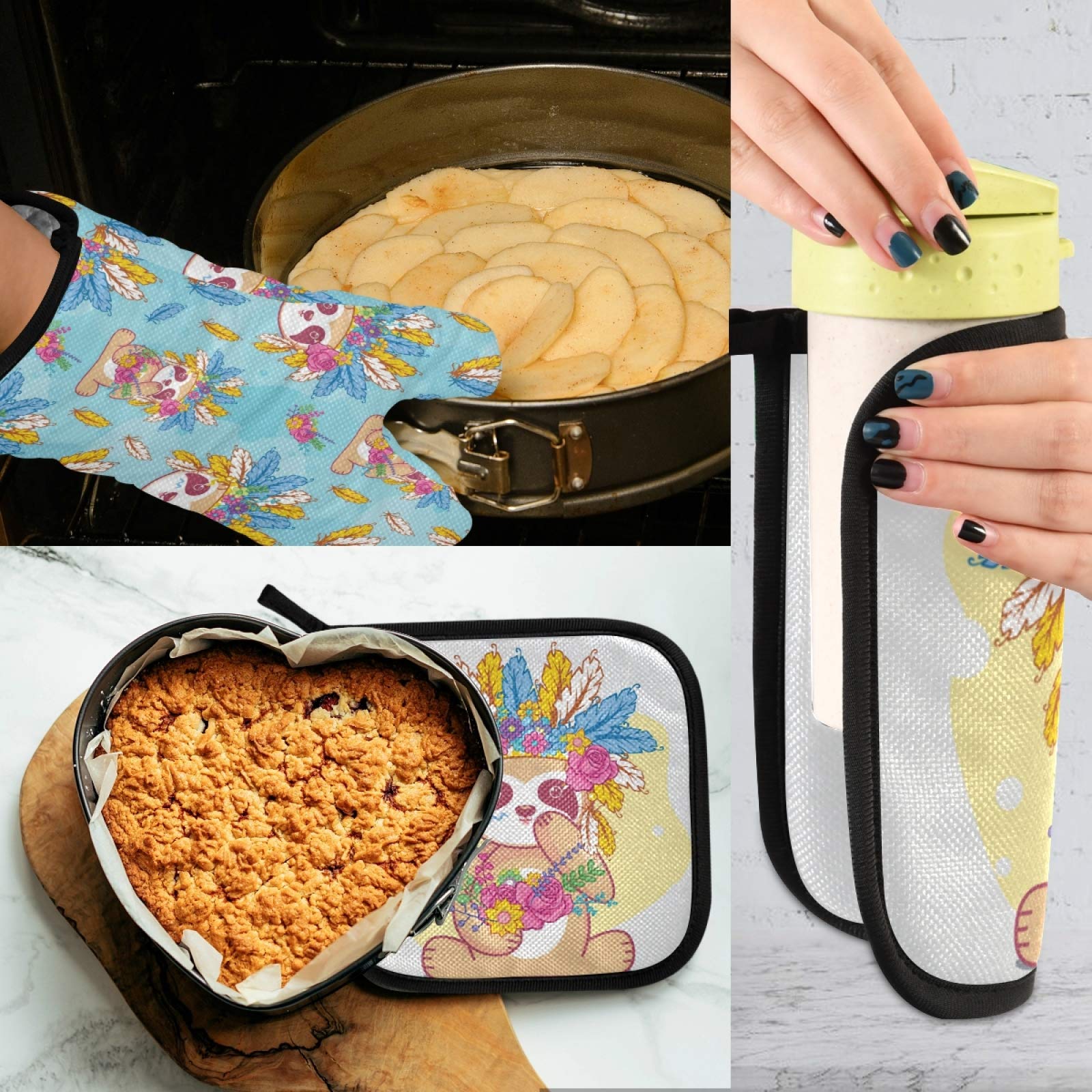Boho Tribal Sloth Oven Mitts & Pot Holders Set - 2pcs Heat Resistant Non-Slip Kitchen Gloves for Women with Feather Flower Design - Perfect for Cooking, Baking, BBQ & Mother's Day Gifts
