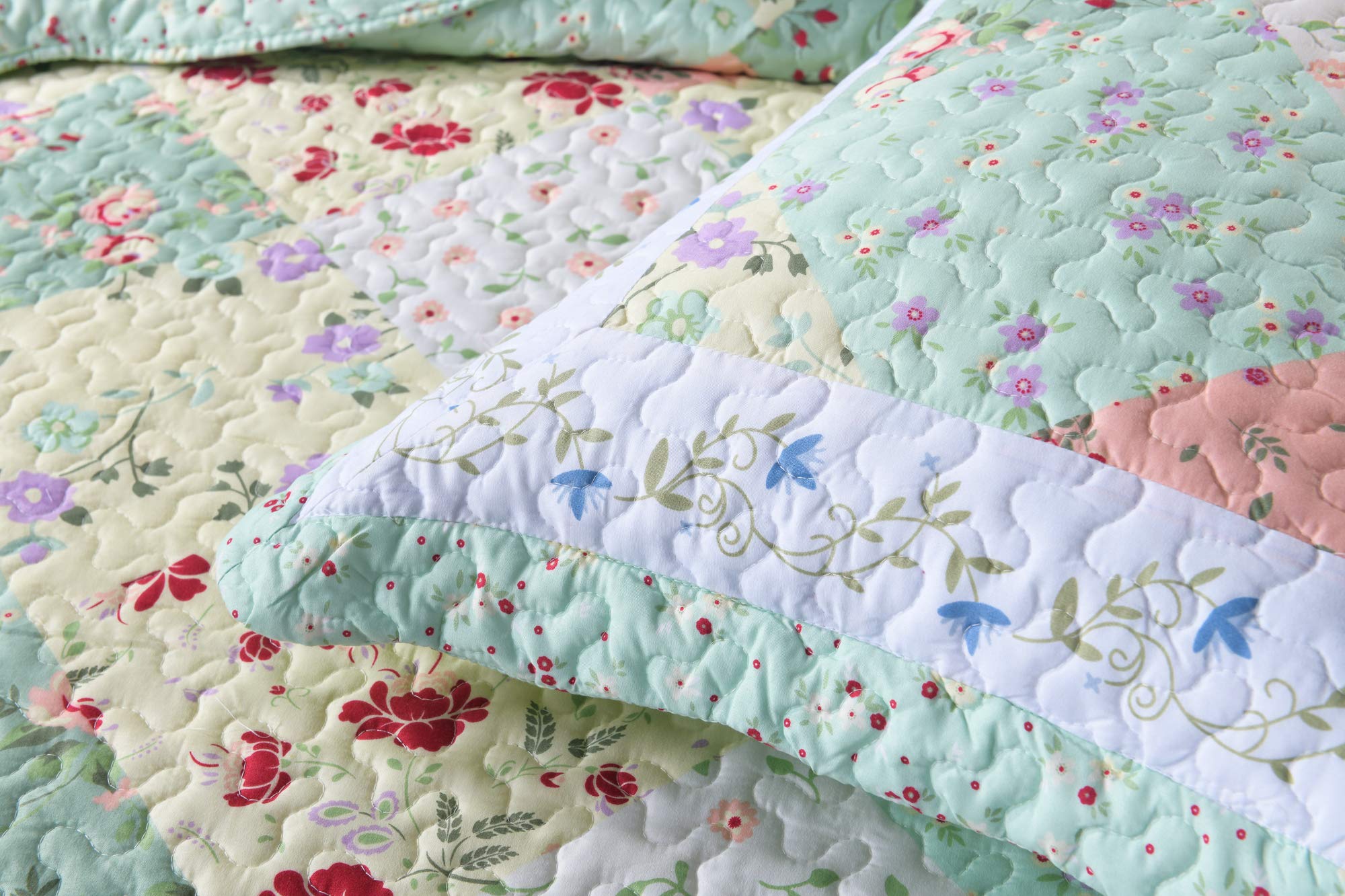 MarCielo 3-Piece Floral Printed Quilt Set - Lightweight Bedspread Coverlet Set in Romantic Green (King Size) for Master Bedroom, Guest Room & Cozy Home Decor