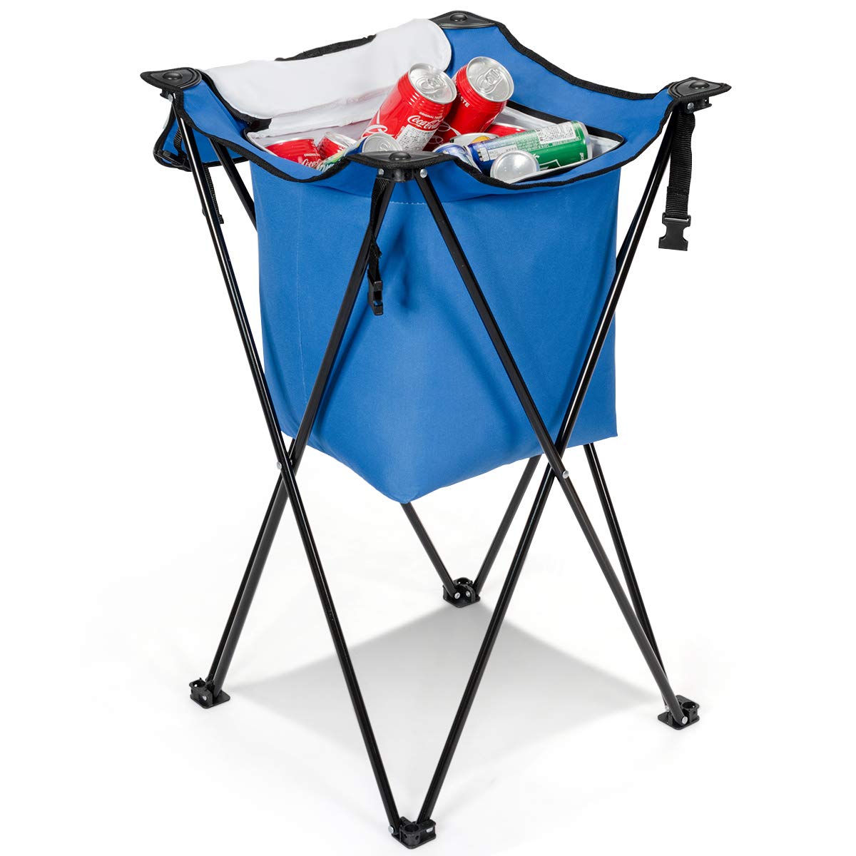 Goplus Folding Standing Ice Cooler Bag - Portable Insulated Camping Picnic Bag with Strong Leakproof Tub Cooler, Stand & Travel Bag (Blue) - Perfect for Outdoor Adventures, Beach Trips & Tailgating