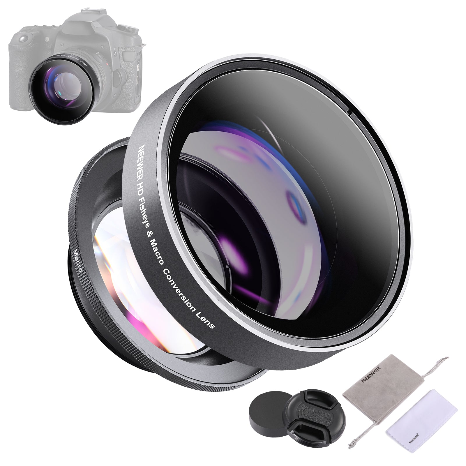NEEWER LS 20 0.43X HD 2-in-1 Fisheye & Macro Lens for DSLR Cameras - Wide Angle & Close-Up Photography for Travel, Vlogging, and Creative Shots