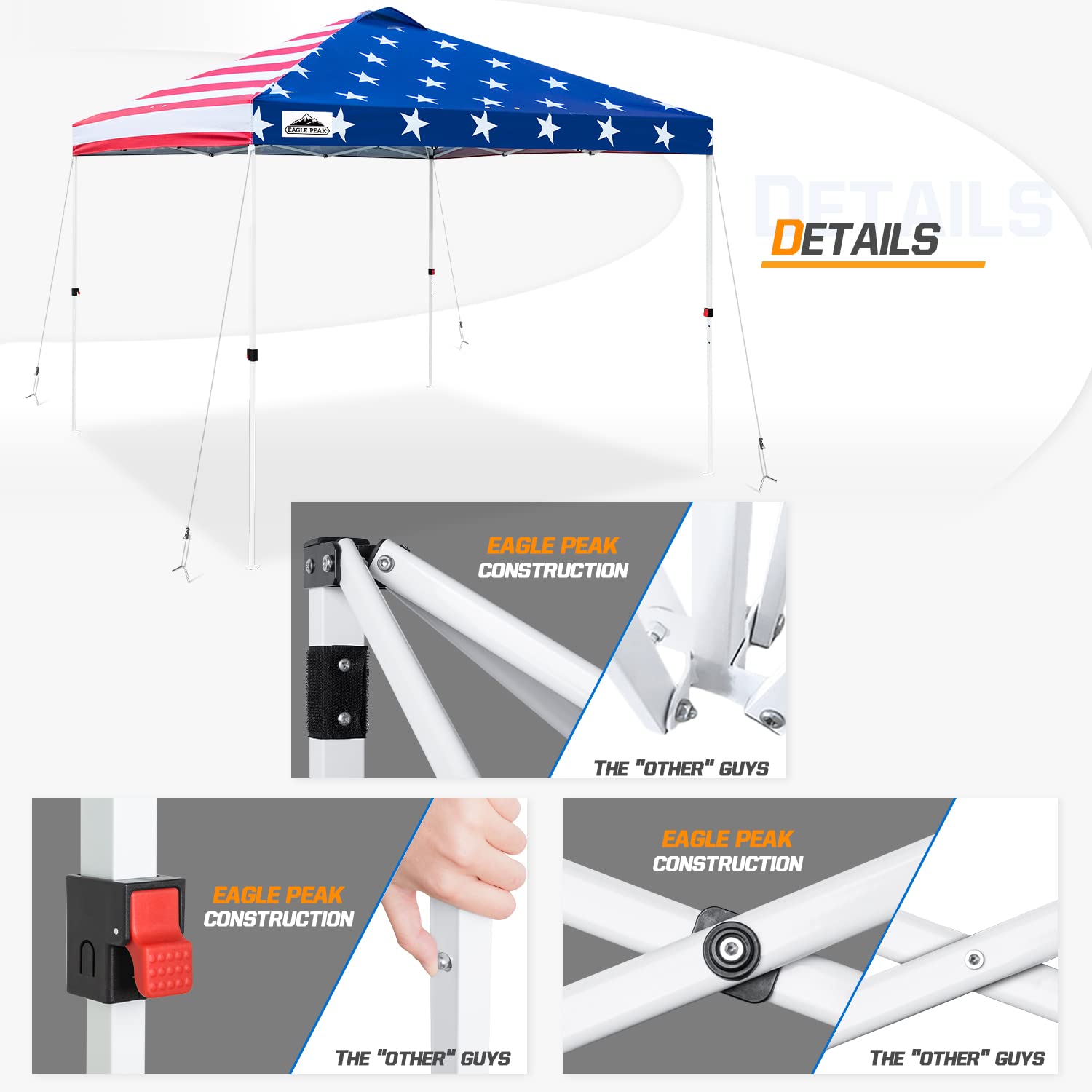 EAGLE PEAK 10x10 ft Pop Up Canopy Tent with Wheeled Carry Bag - Portable Instant Shelter with 8 Stakes, 4 Ropes & 4 Weight Bags - 100 sq ft Shade Coverage (American Flag Design) - Perfect for Backyard BBQs, Beach Outings, Camping & Outdoor Events
