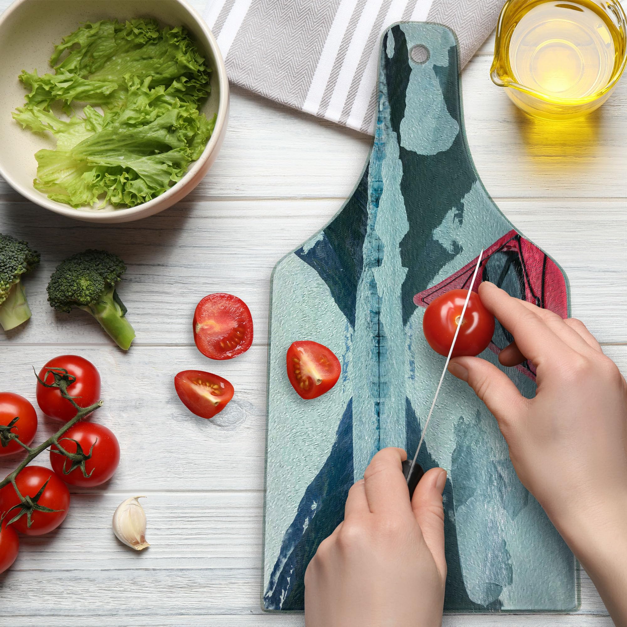 Lunarable Kayak Themed Tempered Glass Cutting Board - Alaska Iceberg Lake Scenic Photography - Decorative Serving Board for Cheese, Charcuterie & Wine - Wine Bottle Shape in Dark Coral White - Perfect for Kitchen, Dining & Gifts