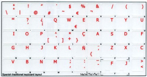 Spanish Keyboard Stickers with Red Letters on Transparent Background - 14x14 Size for Laptop, PC & Mac - Perfect for Bilingual Typing & Language Learning
