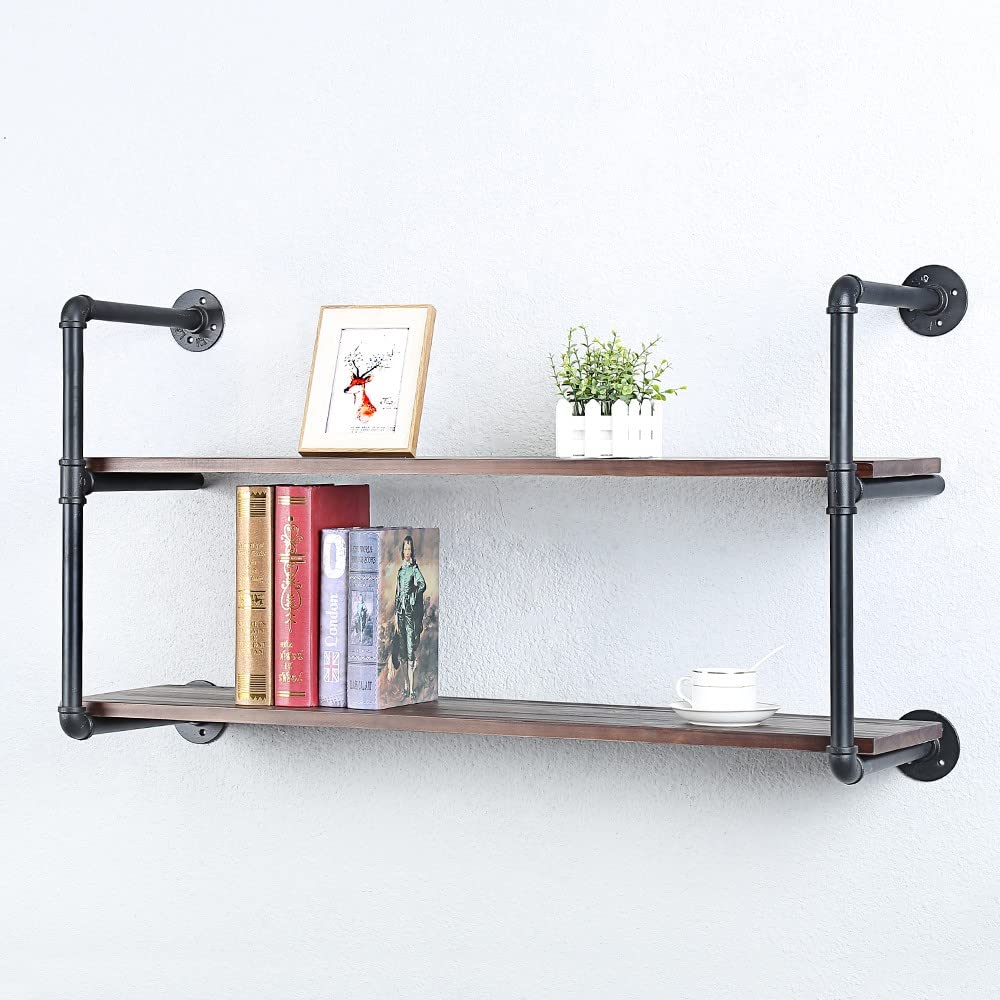 **Industrial Pipe Wall Shelves 42 Inch - Rustic Metal Floating Shelves with Real Wood, Steampunk Bookshelf for Farmhouse & Kitchen - 2 Tier Wall Mounted Shelf Unit (Perfect for Books, Decor, and Bar Storage)**