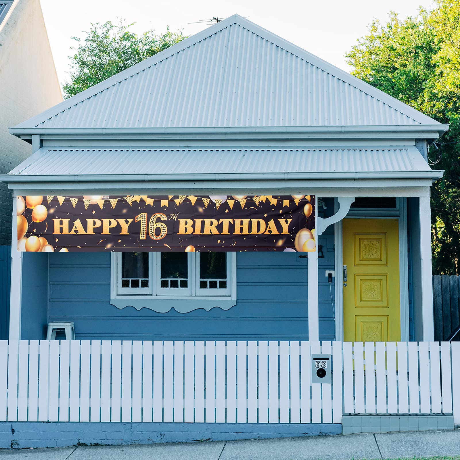 16th Birthday Banner Outdoor Decorations - Large Black & Gold Yard Sign for Boys | 16 Year Old Party Backdrop Supplies | Perfect for Sweet 16 Celebrations, Outdoor Parties & Photo Backgrounds