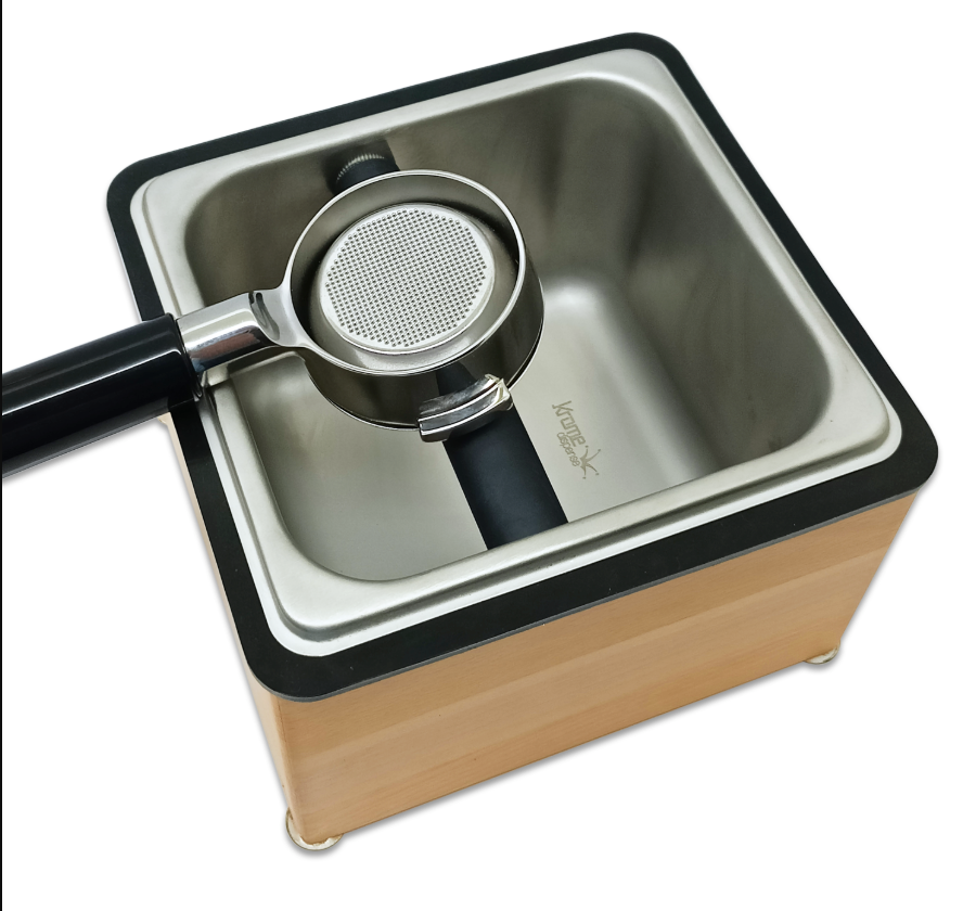 Premium Stainless Steel Knock Box with Wooden Box - Compact Countertop Coffee Grounds Container for Espresso Bars & Home Brewing