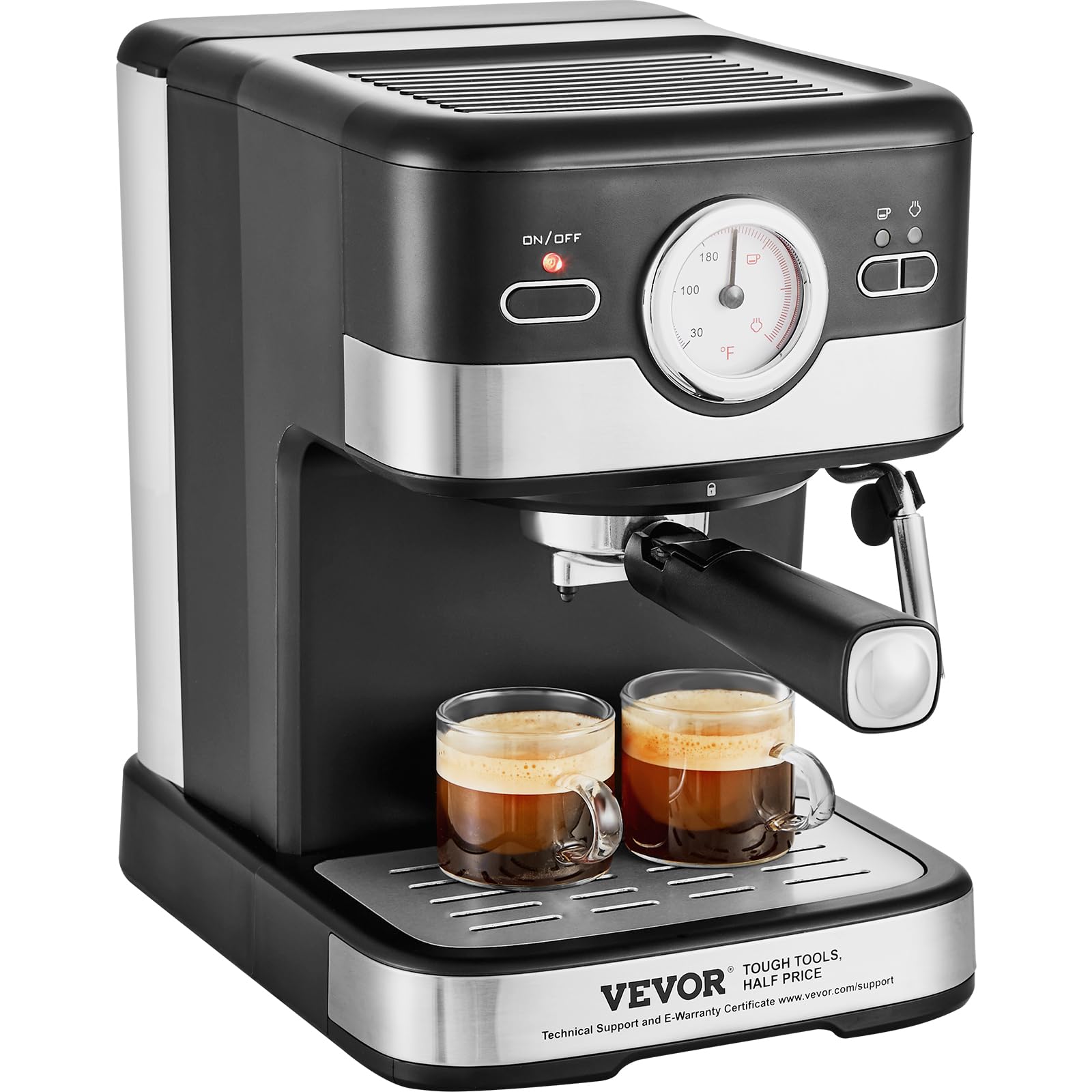 VEVOR 15 Bar Semi-Automatic Espresso Machine with Milk Frother - Professional Coffee Maker for Latte & Cappuccino | Removable Water Tank, Temp Gauge & NTC Control System | Perfect for Home, Office & Cafe Use